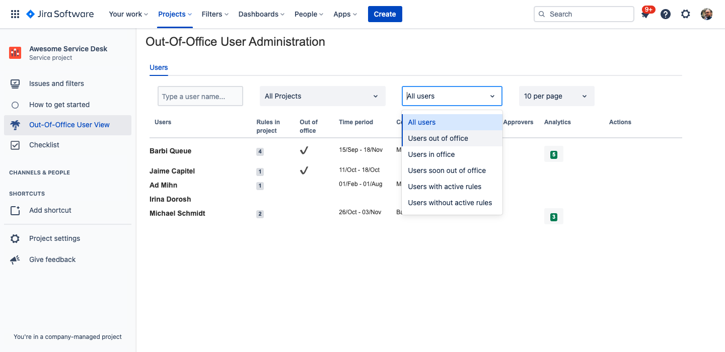 Filter by users who are out of office...