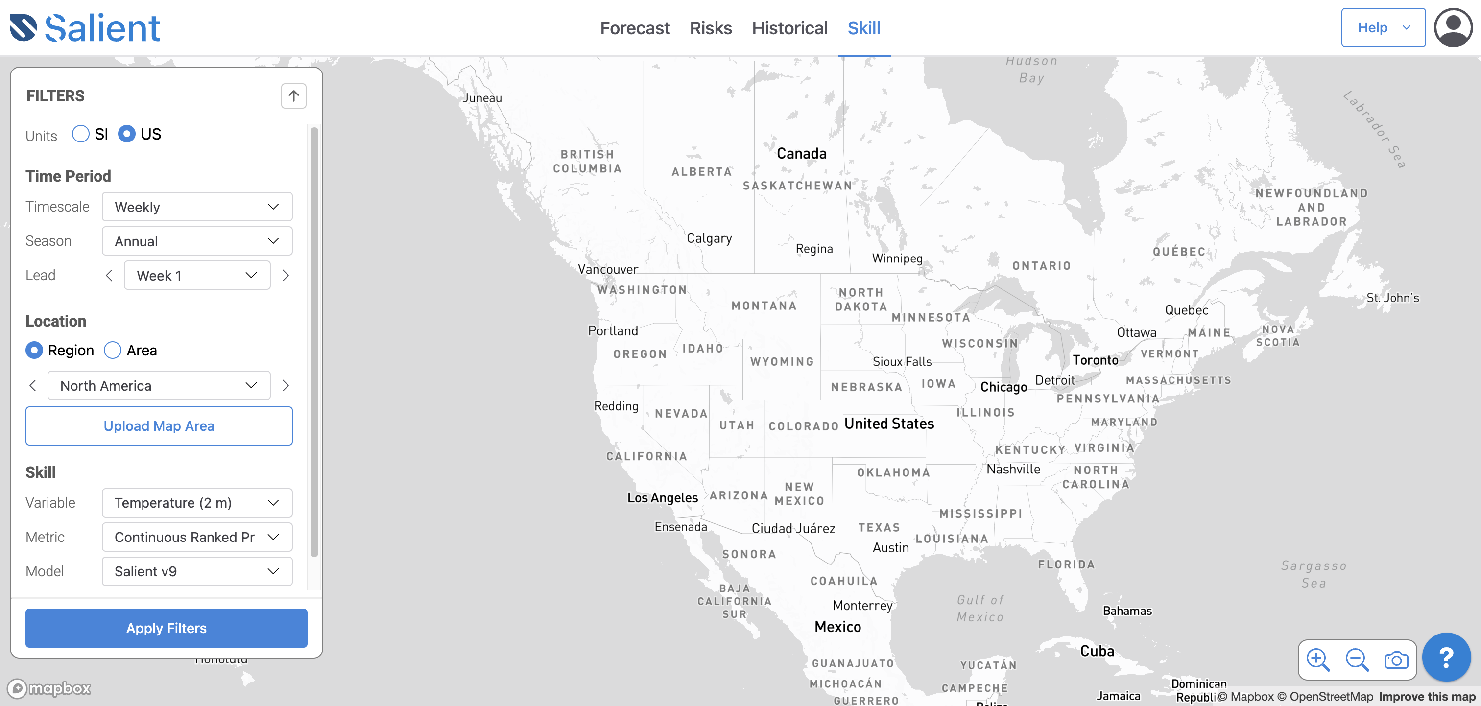 Navigate between Forecasts, Risk Insights, Historical data, and Skill metrics using the menu bar