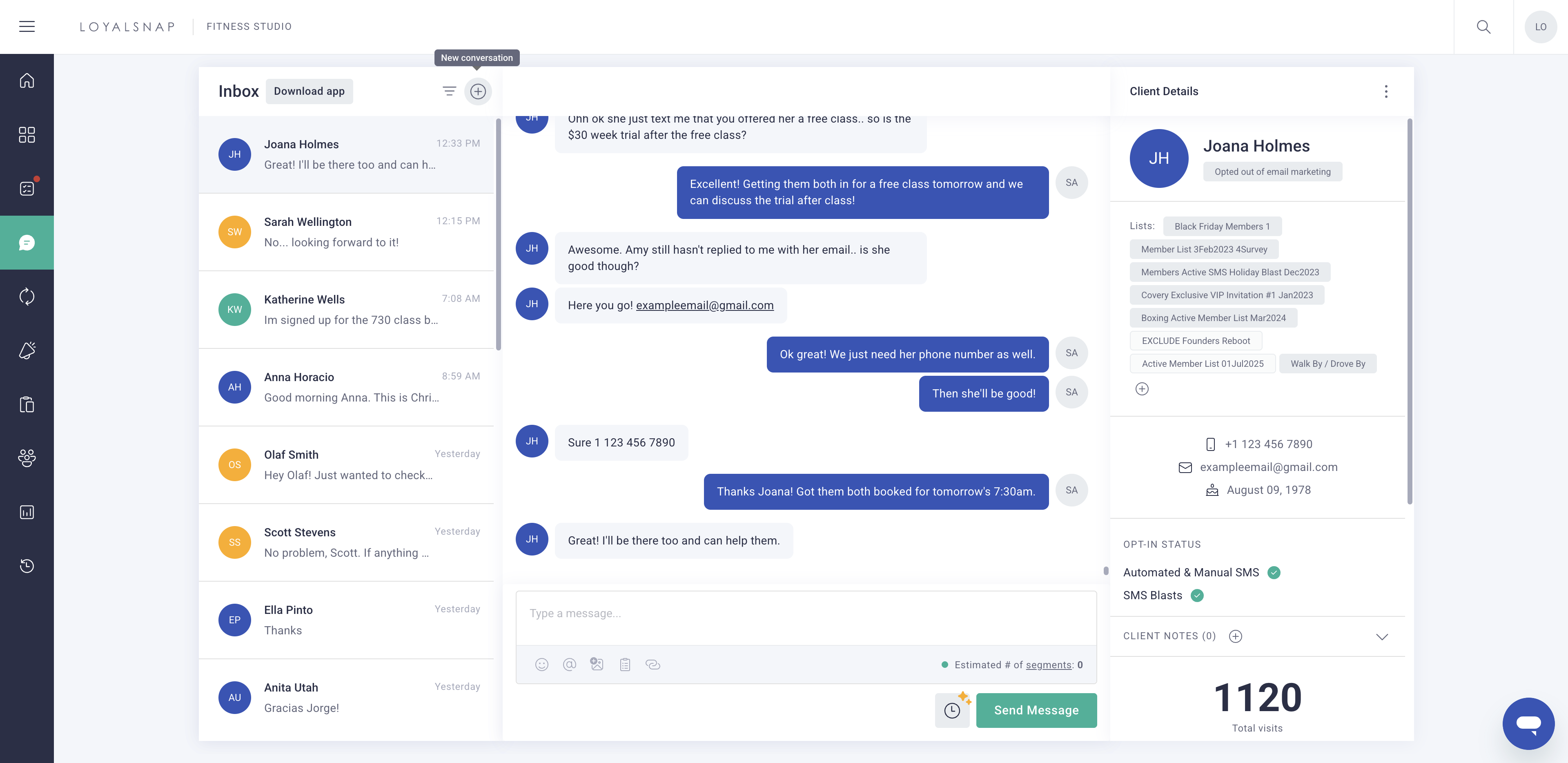 The **Inbox** keeps all client text conversations in one place, making it easy to stay organized. Start a **new conversation here**.