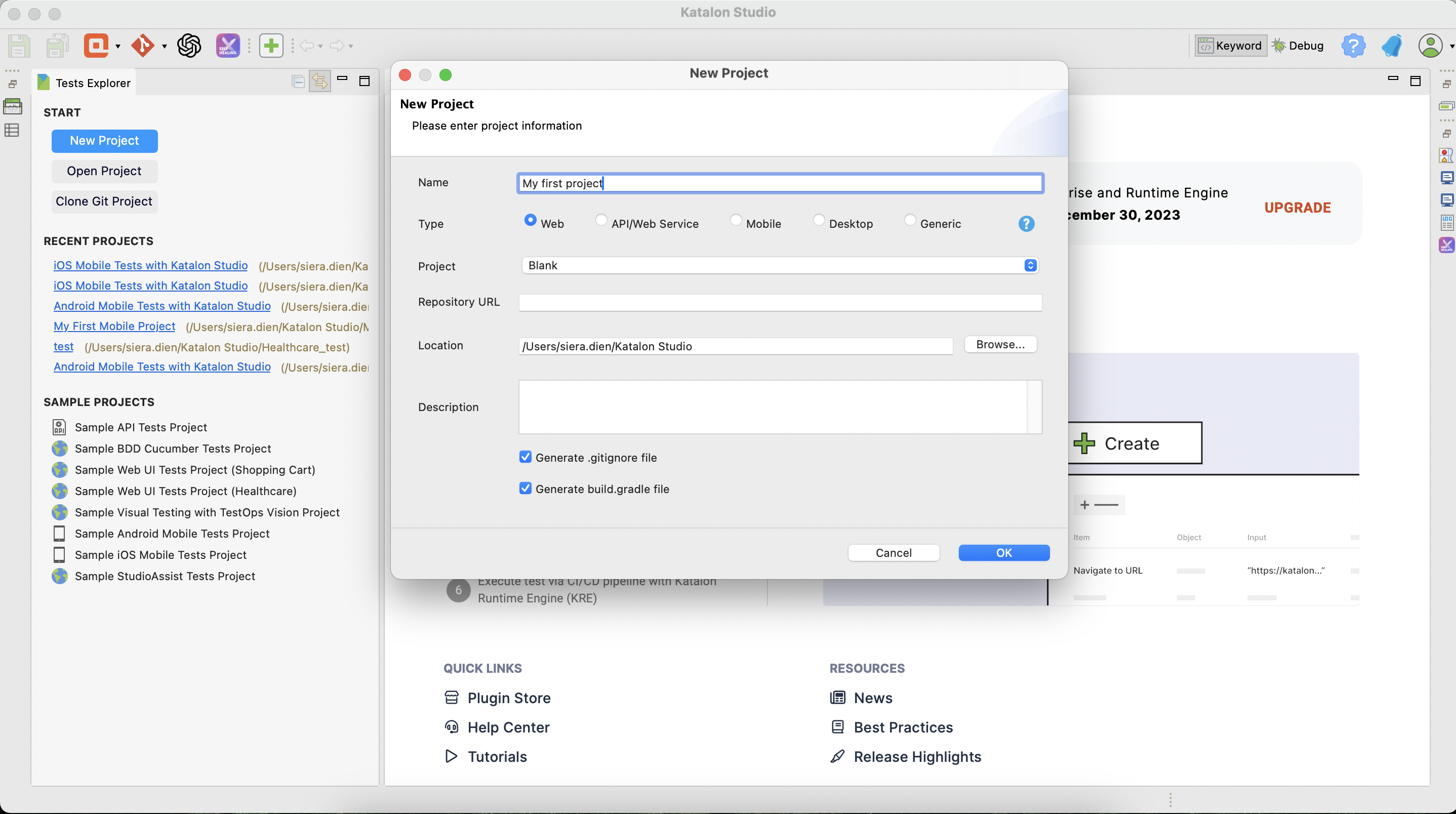 Give your project a name, choose a project type, then click **OK**