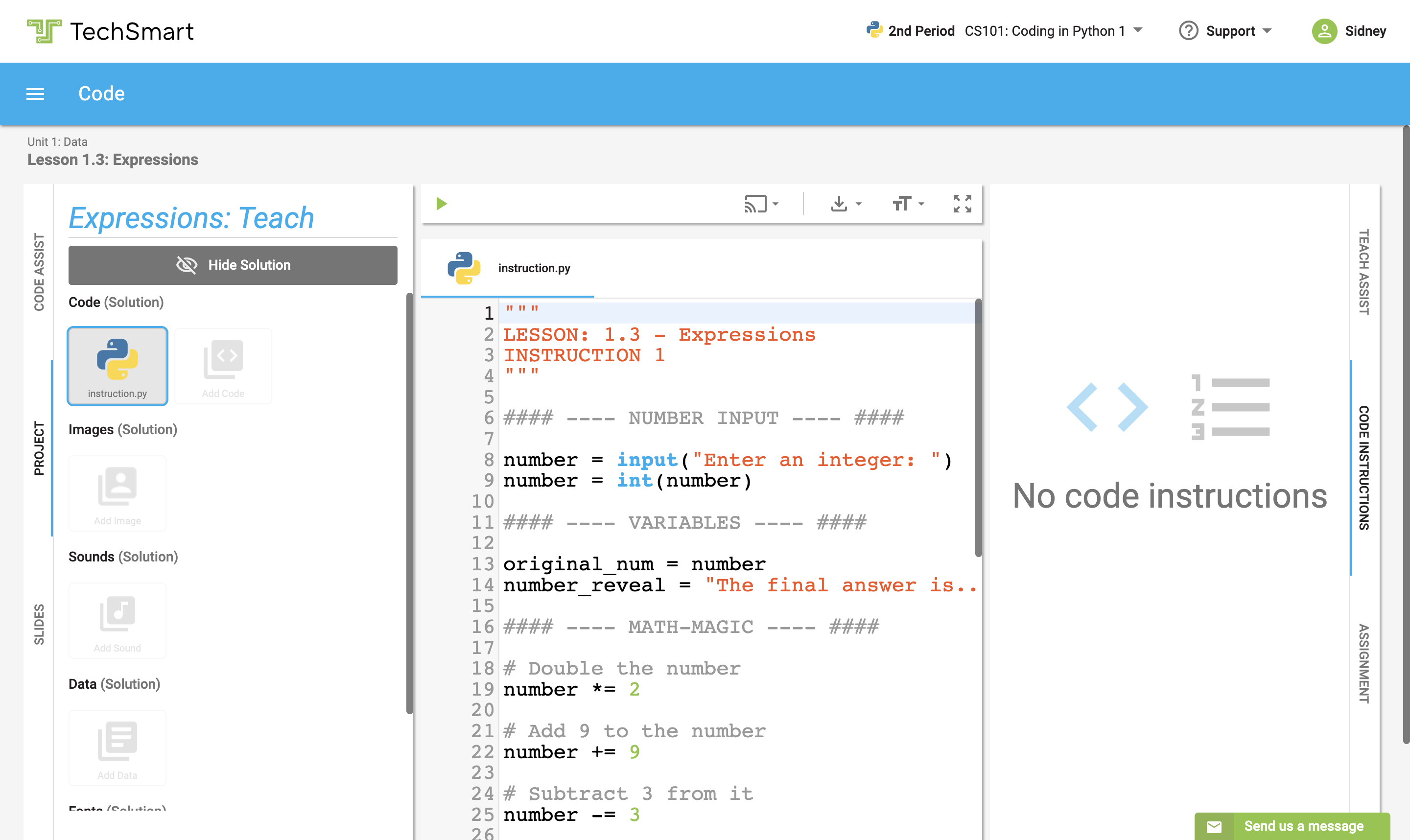 The sample solution code is now shown in the code editor. 