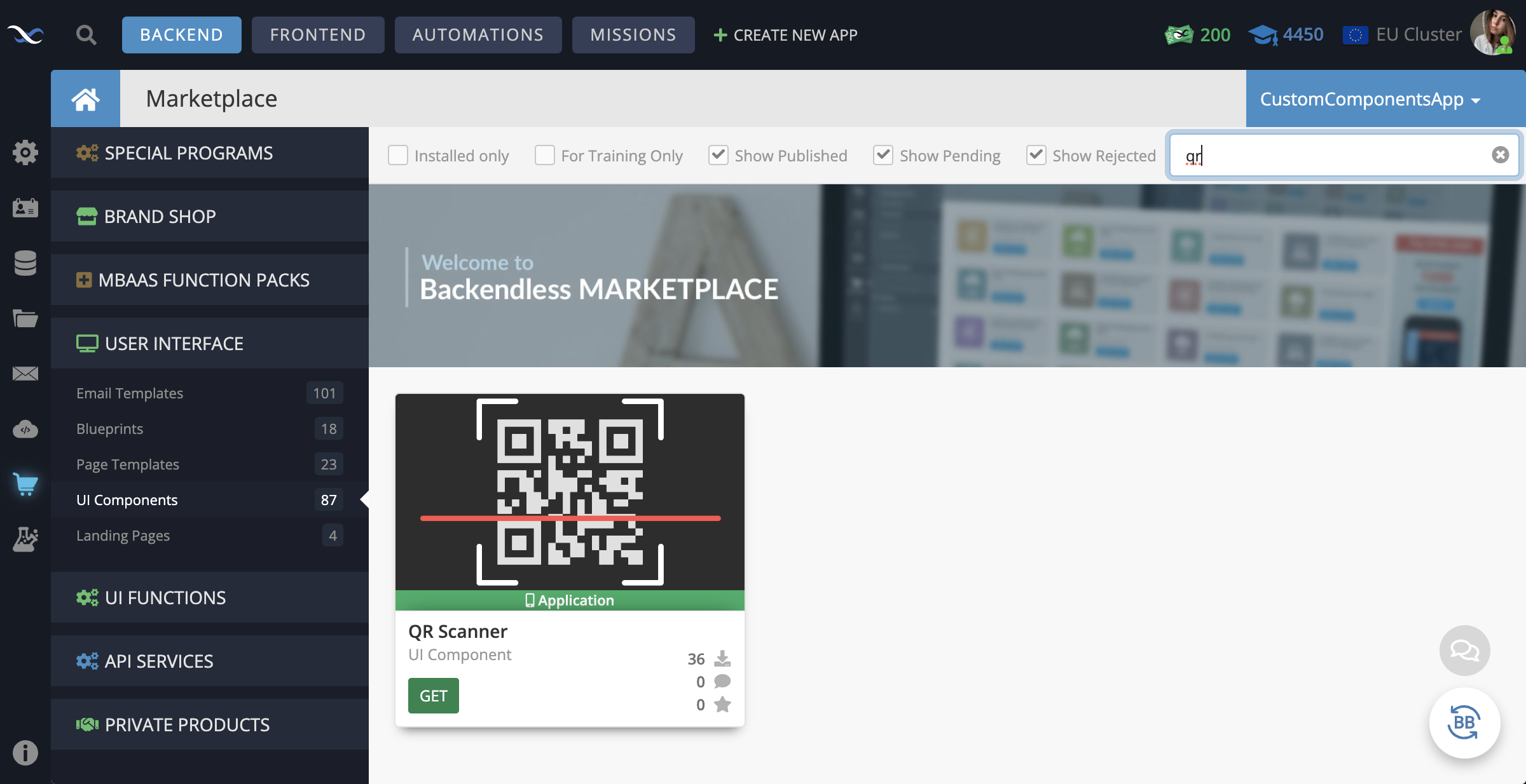 In your Backendless App, go to the Marketplace -> User Interface tab and install the QR Scanner component