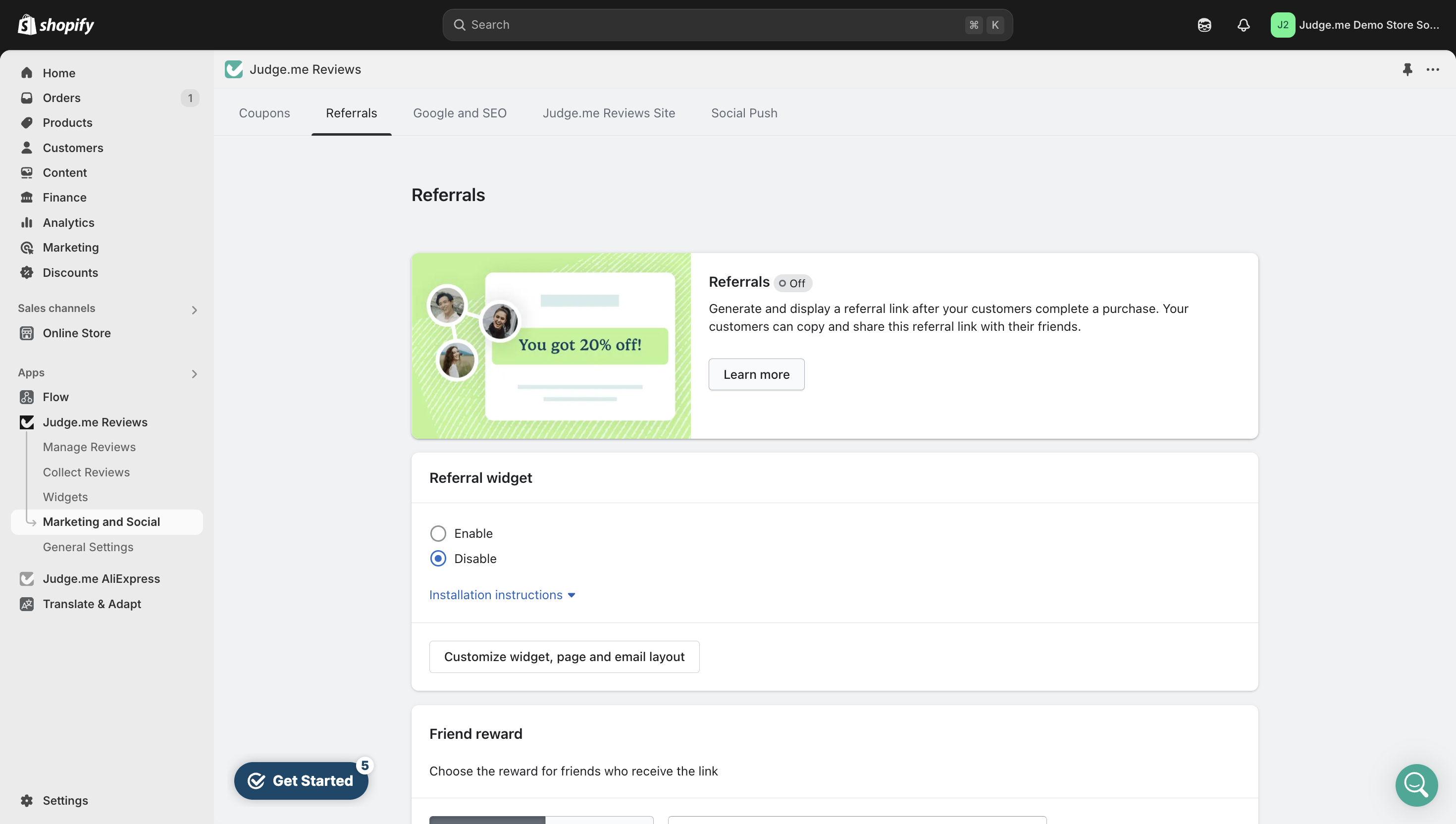 First, choose **Enable** to turn on the referral widget in Judge.me.
