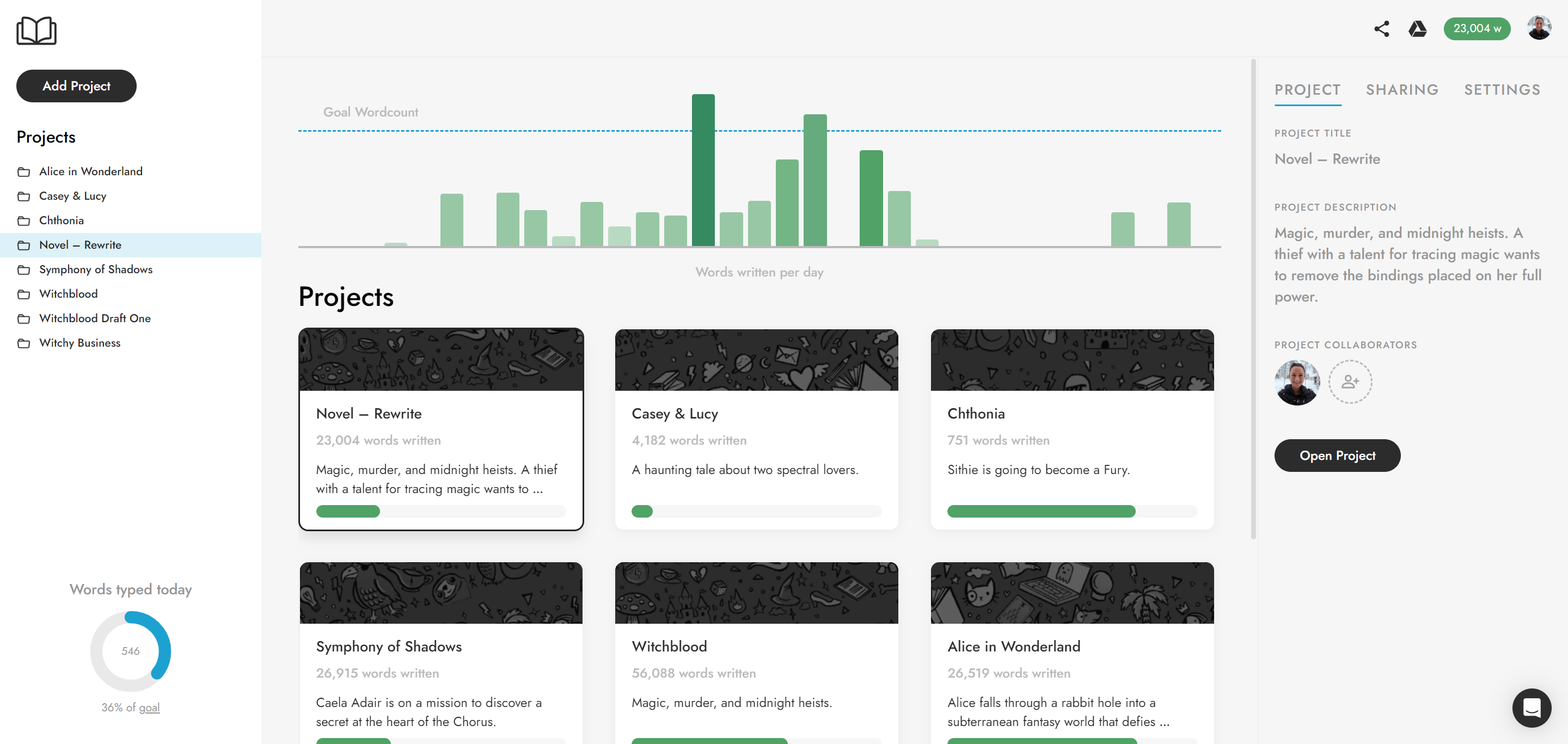 Navigate to project settings to set a total wordcount goal for your project