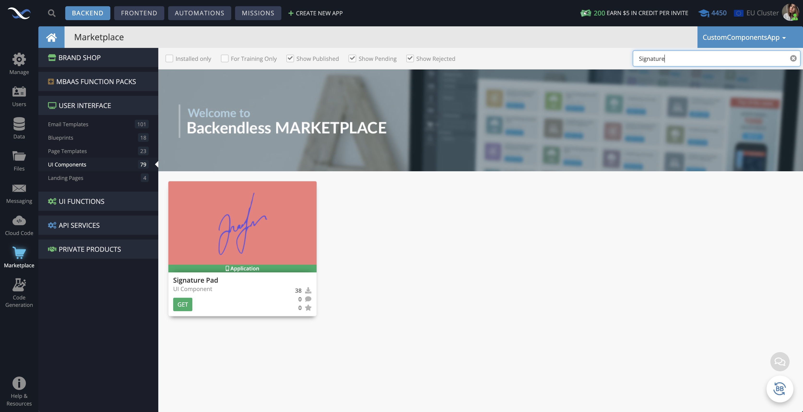 In your Backendless App go to the Marketplace -> User Interface tab and install the Signature Pad component