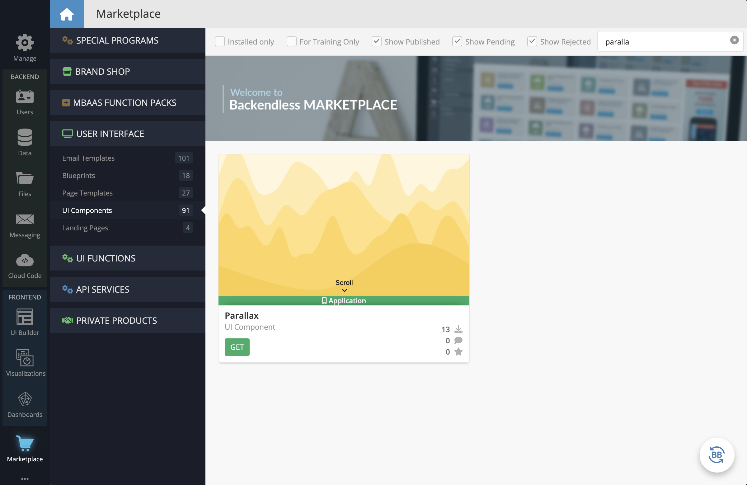 In your Backendless App, go to the Marketplace -> User Interface tab and install the Parallax component