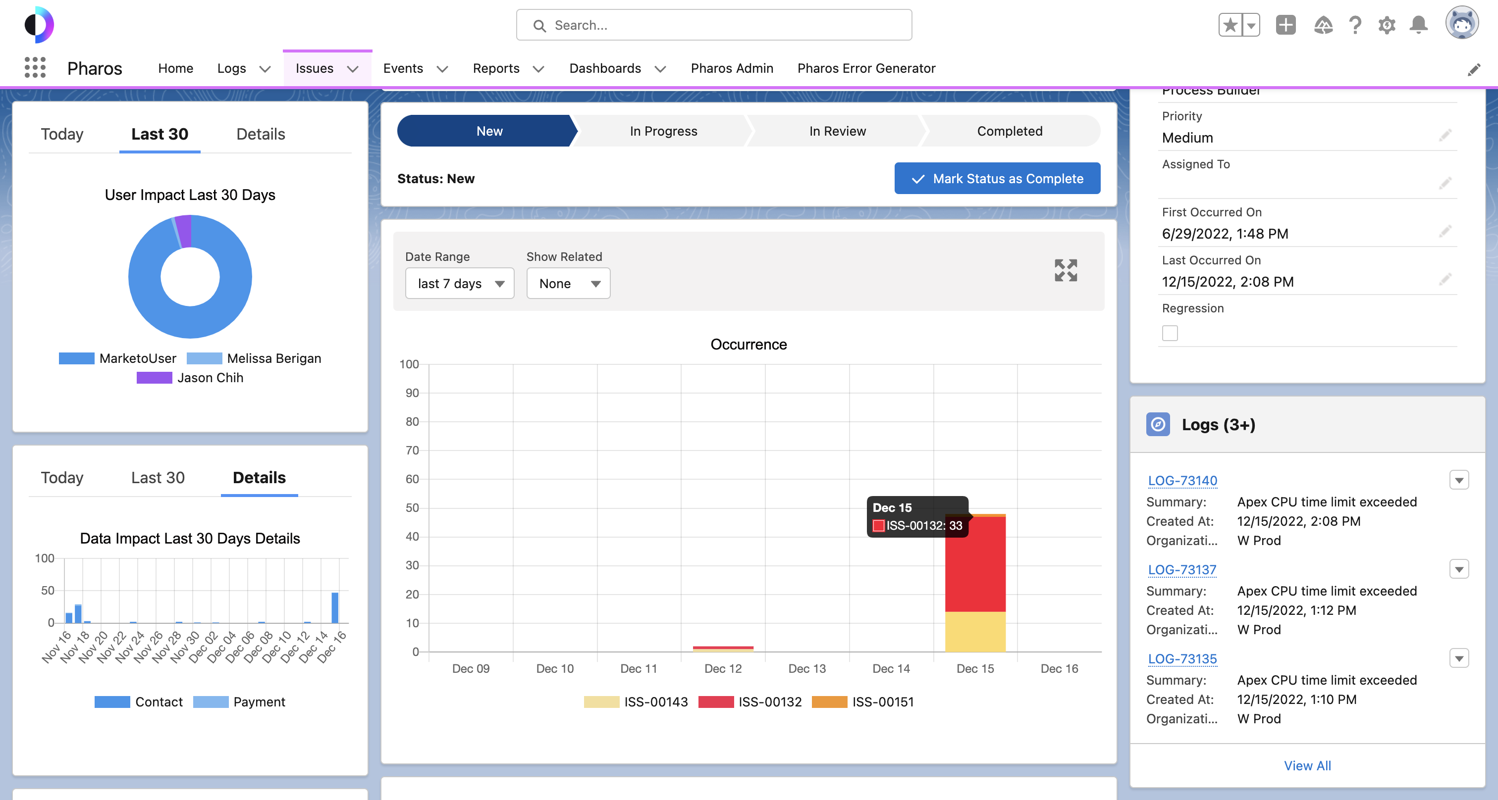 Click on any section of the bar chart to view log records