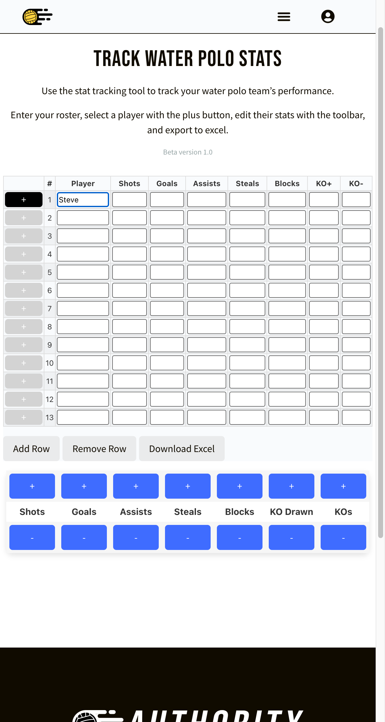 Select the row where you want to record stats