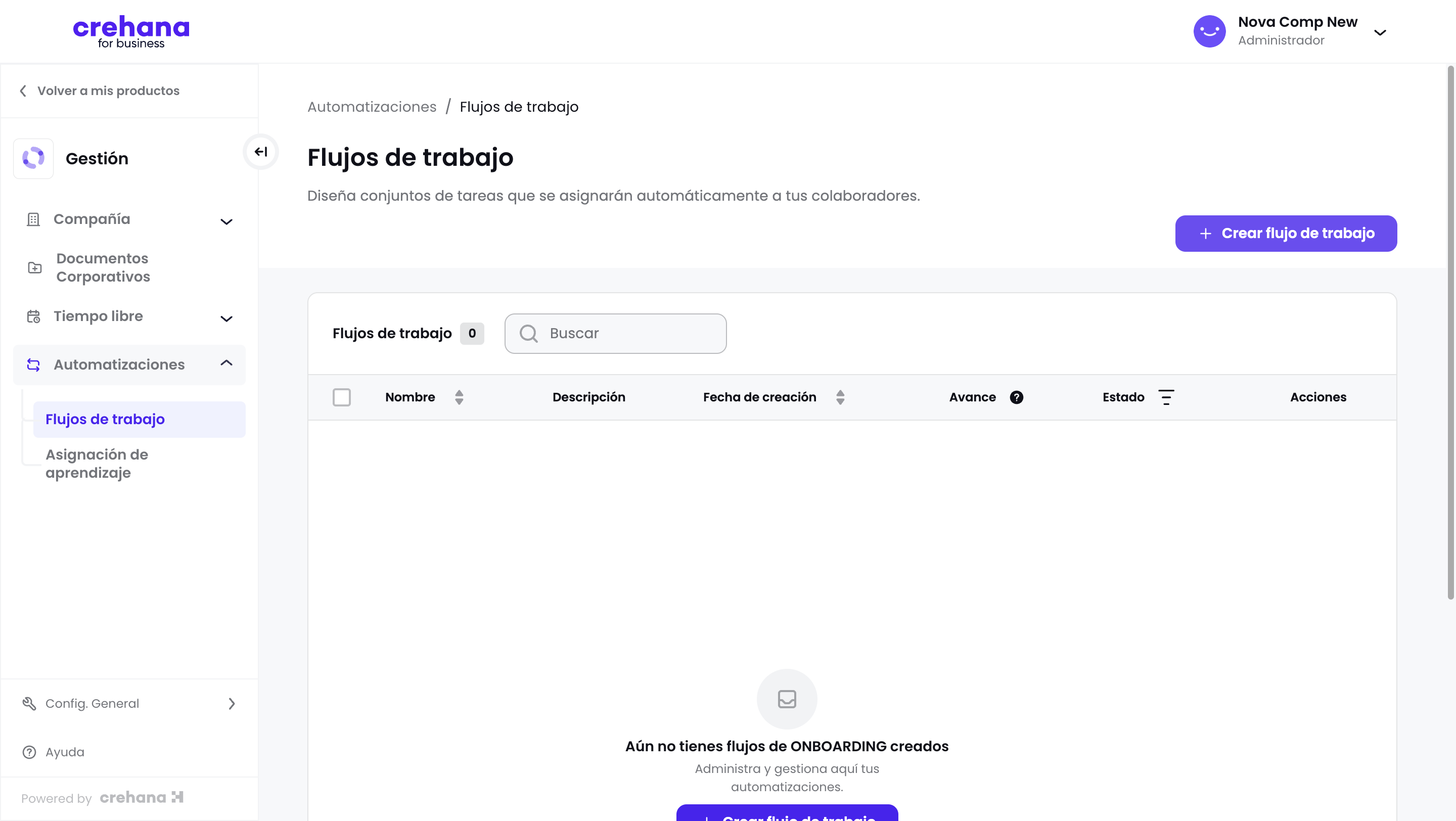 ¡Genial! Estás listo para **crear un flujo de trabajo**. Haz clic aquí para comenzar a diseñar un proceso que se adapte a las necesidades de tu organización.