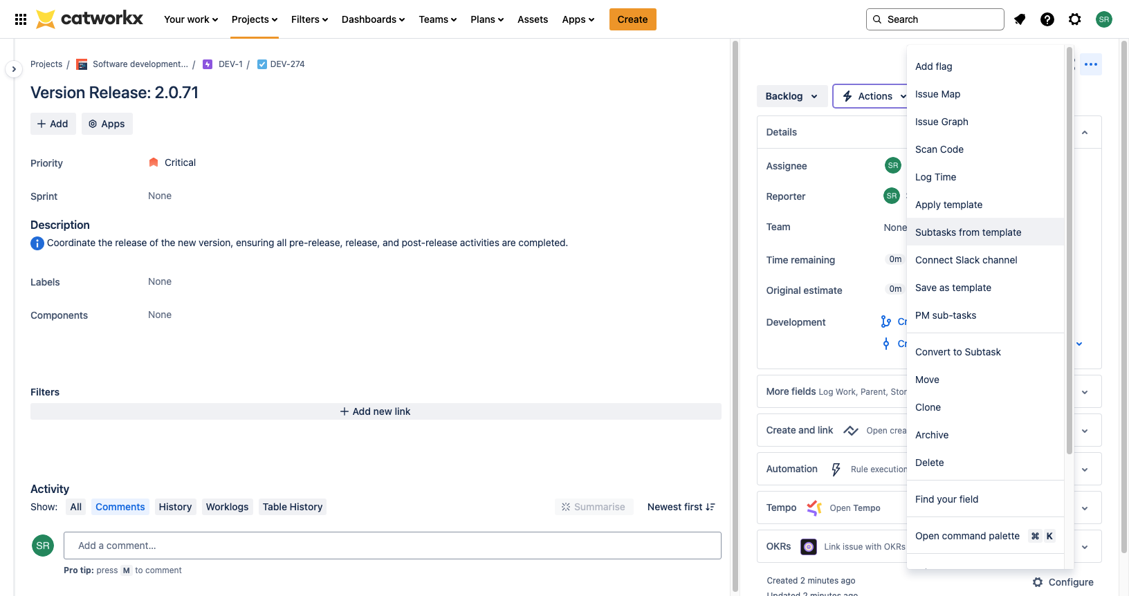 This option is displayed only if applicable sub-task templates exist for current issue. 