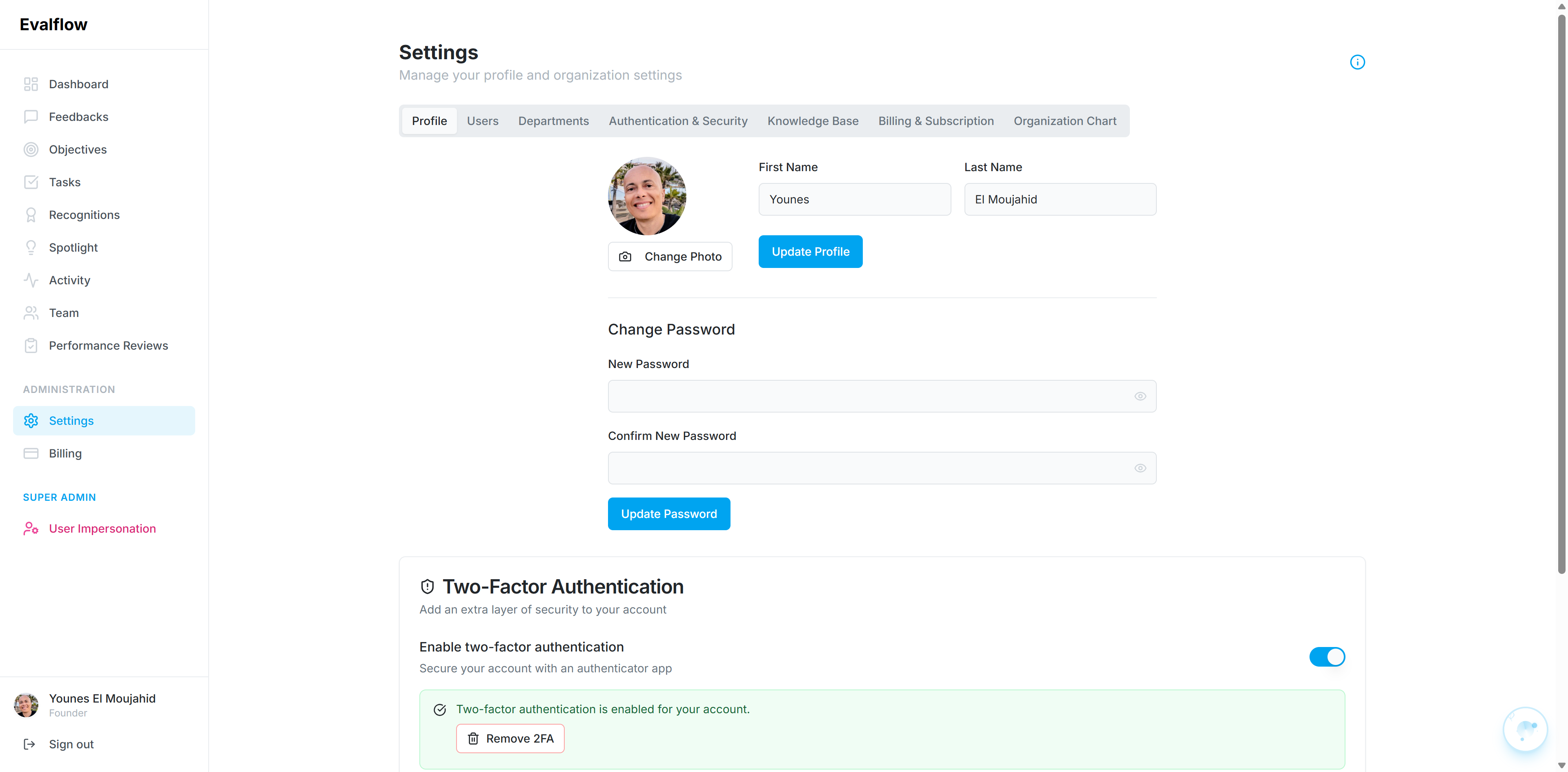 Navigate to the Authentication & Security tab to find advanced security and feedback options.
