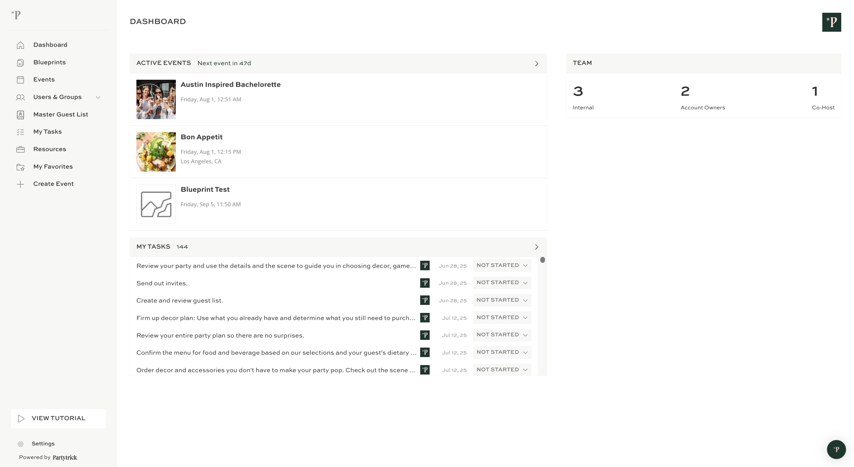 Open the Blueprints section to explore or manage event templates and plans.