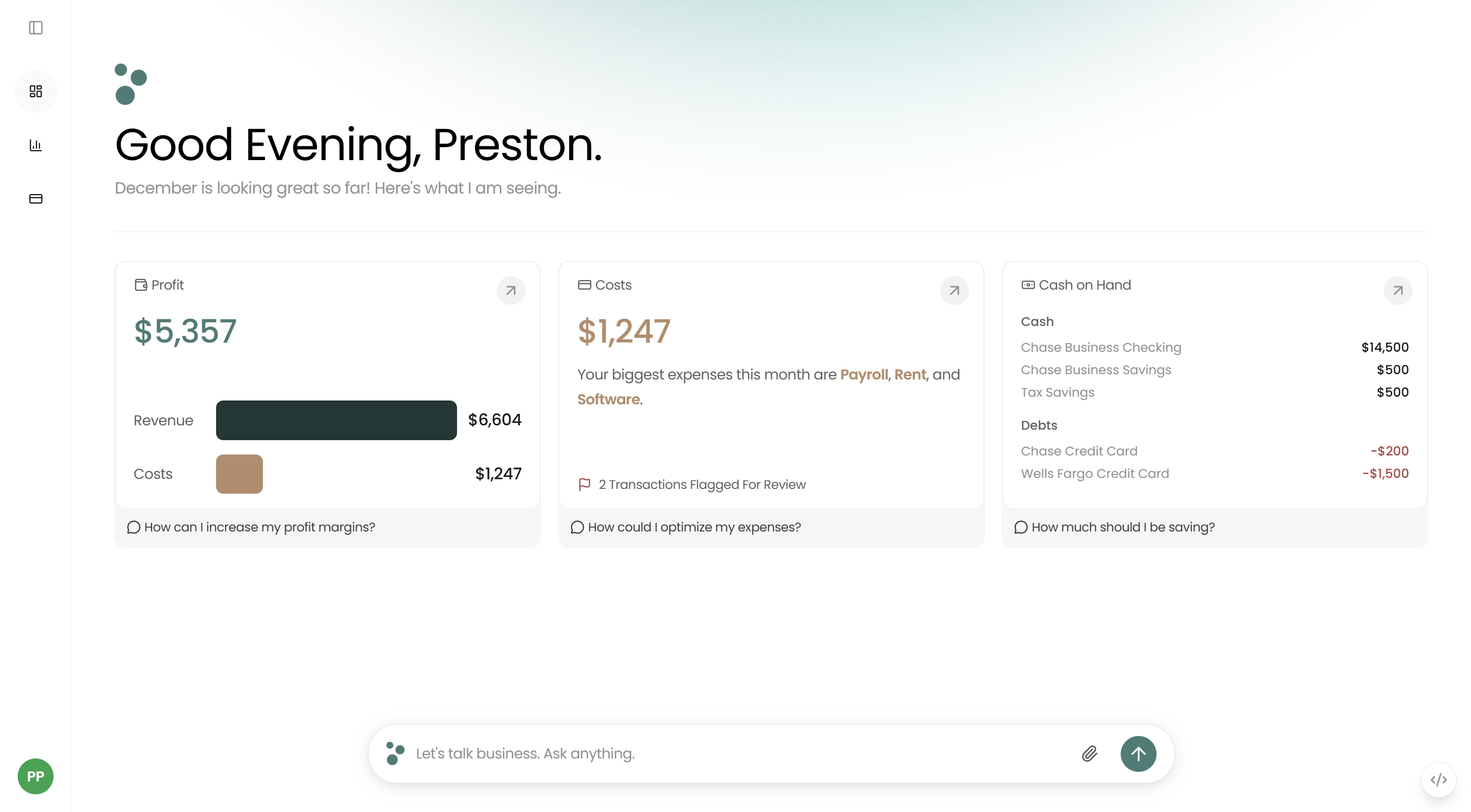 Track profitability, spending trends, and account balances all in one place.