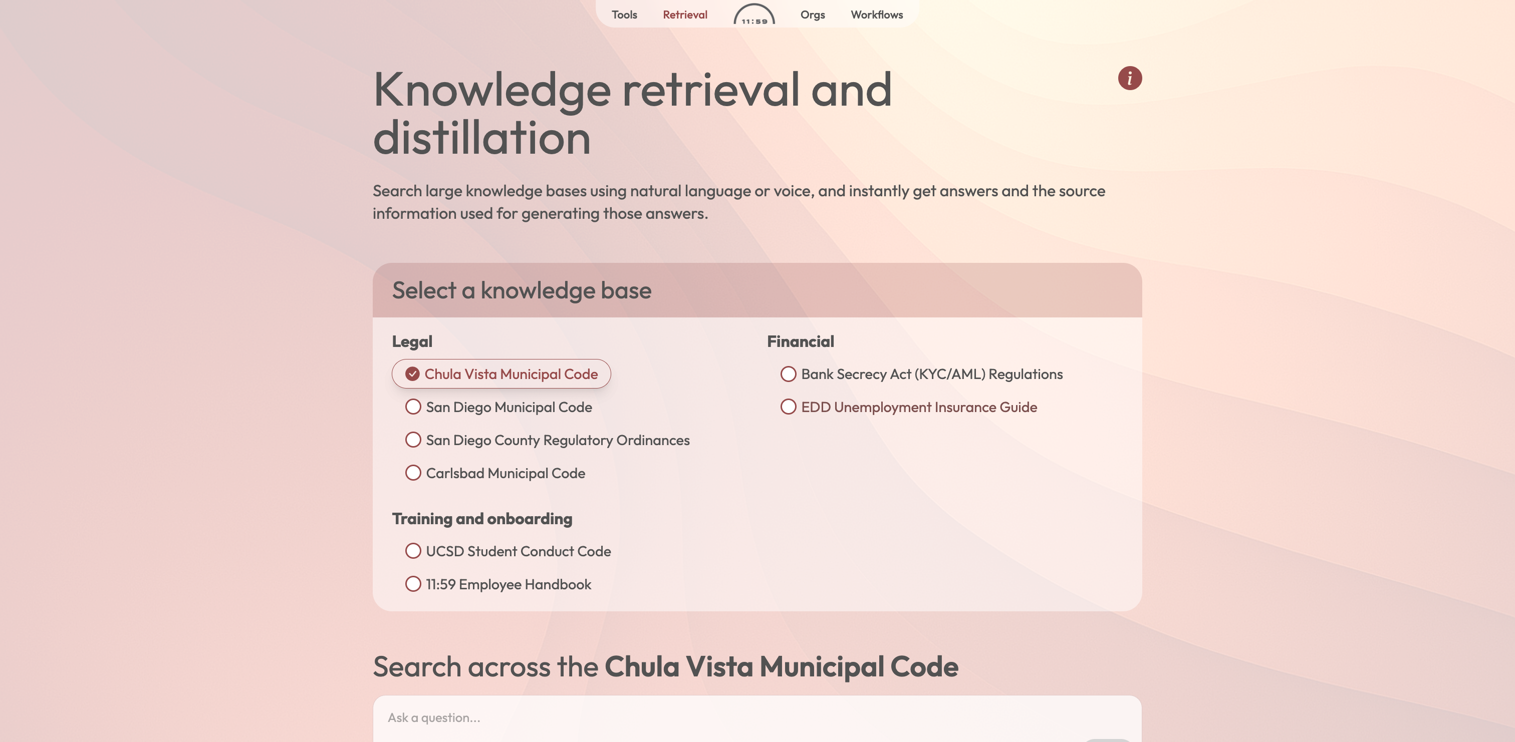 This tool allows you to ask questions across any custom set of documents or knowledge base.