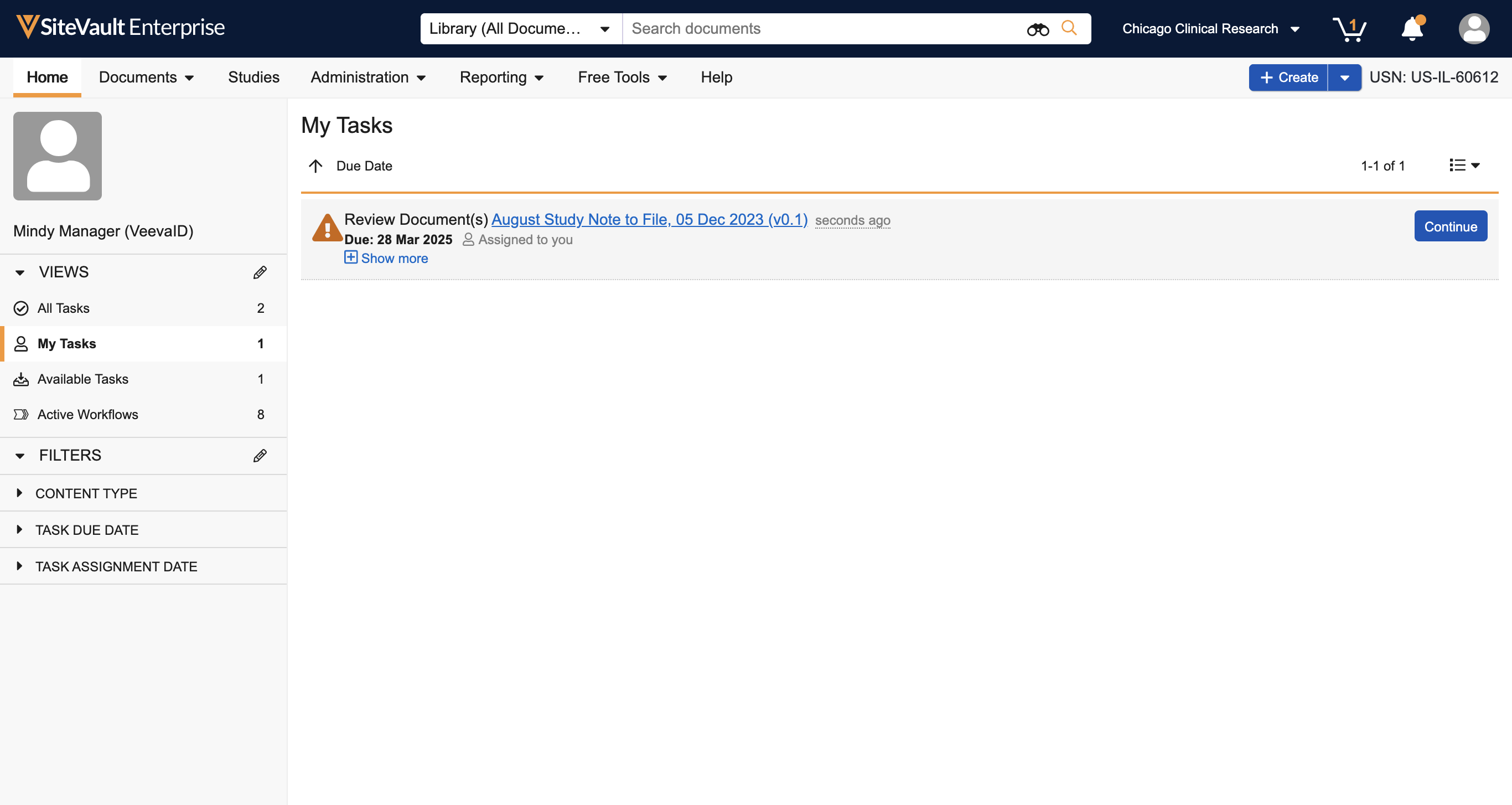 After receiving a **Review** request the related **Task** is accessible via the **Home** page

*Note: Notification of the review request will be sent via email and Notification Bell in SiteVault, with links directly to the related document.*