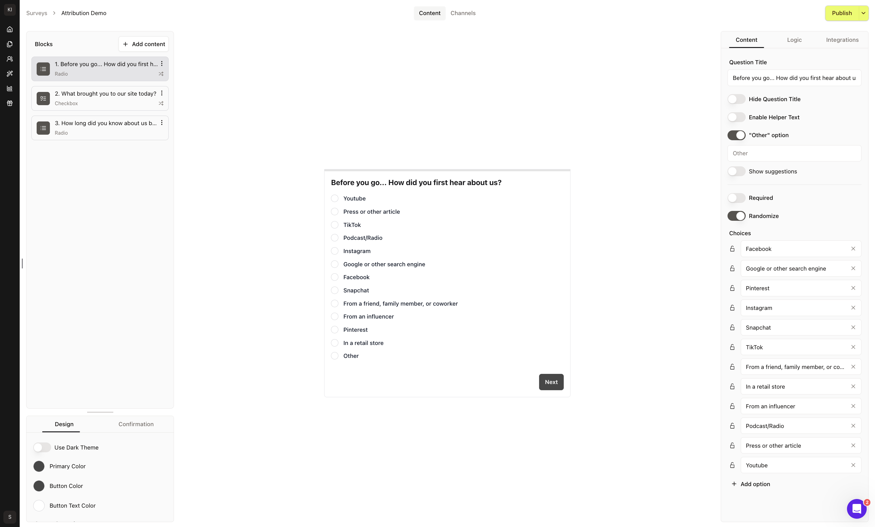Once you've customized your survey, select the **Channels** tab to configure or view distribution channel settings for your survey. 