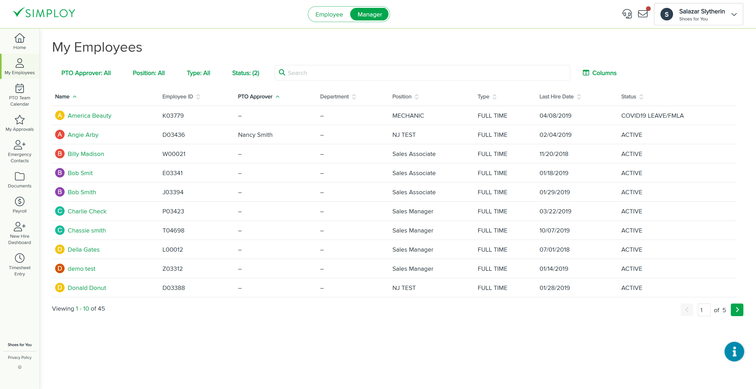 Select the employee whose record you want to update or review.