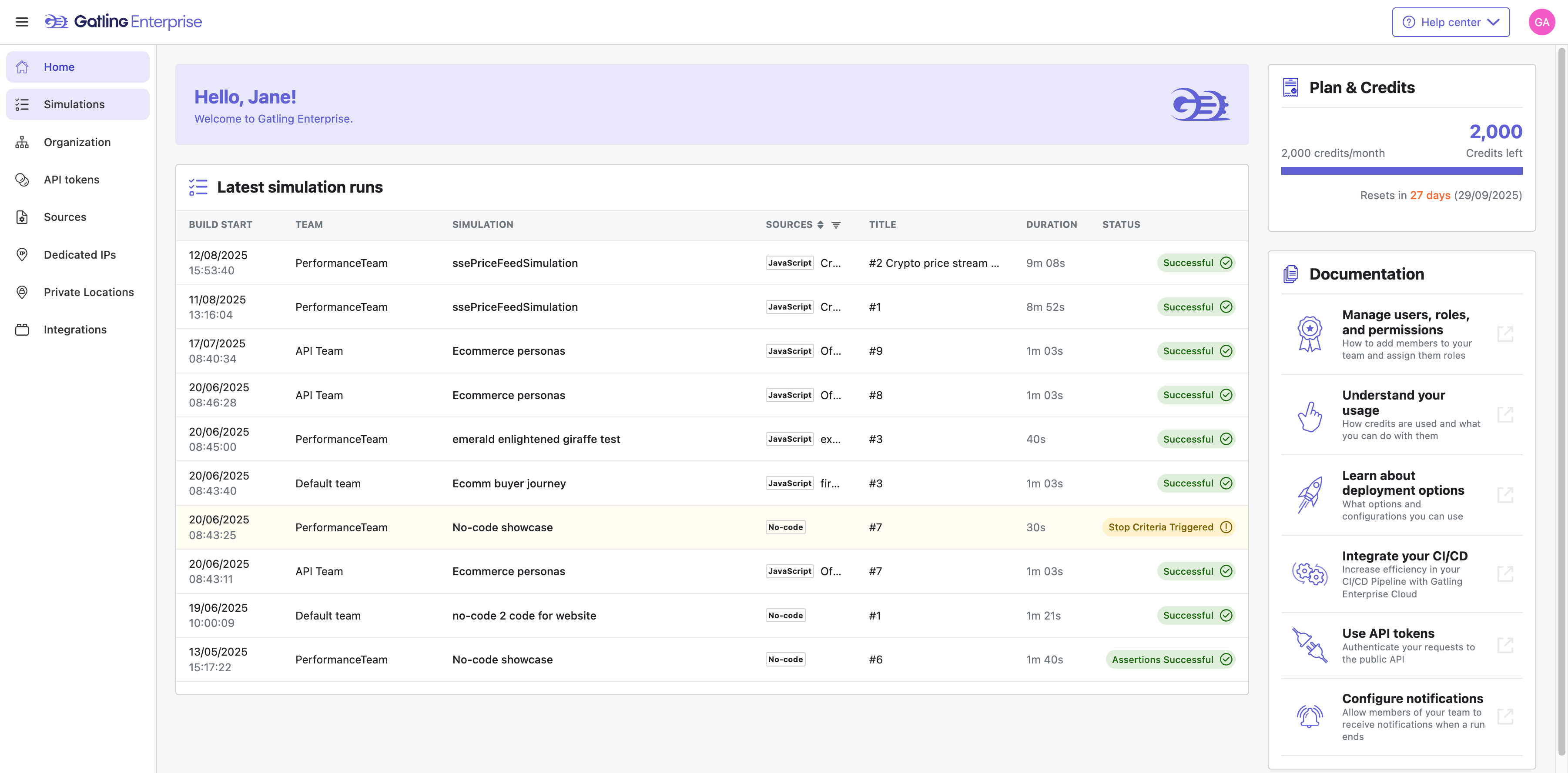 Head to the Simulations dashboard to manage and review test runs.