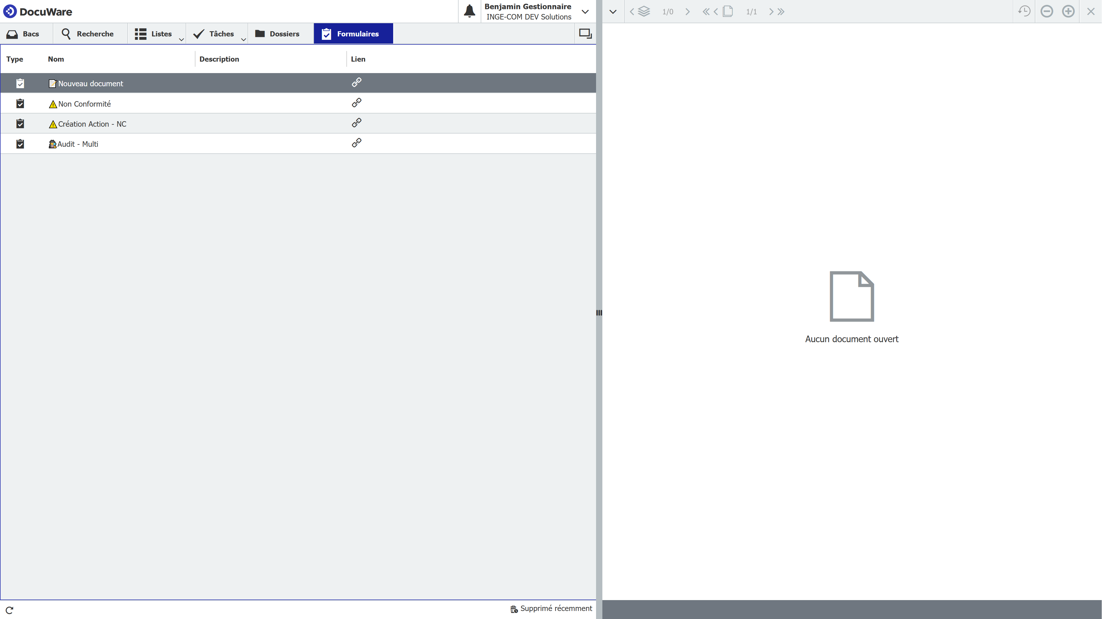 Commencez par sélectionner Nouveau document pour créer ou gérer une nouvelle fiche qualité.