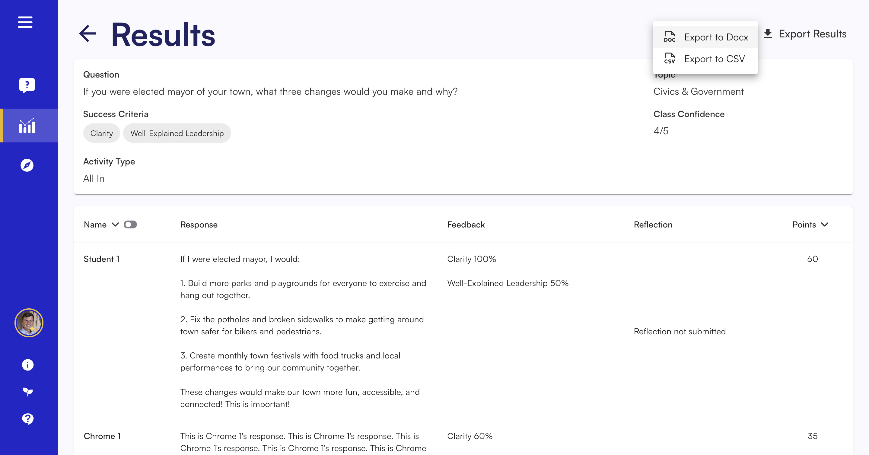 Select **Export to Docx** to download your students' writing in individual .Docx documents