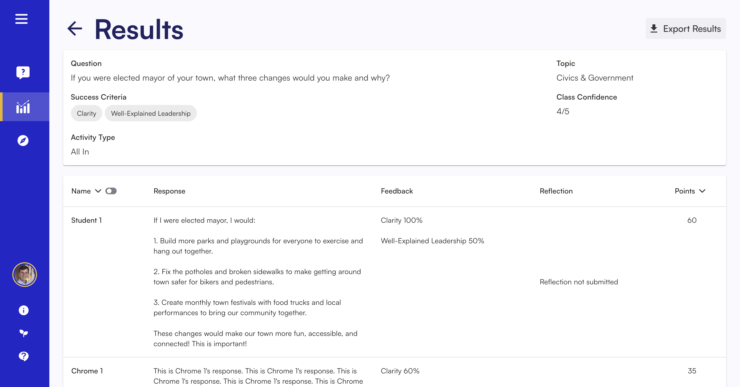 On the results tab for an activity, click **Export Results** in the top right