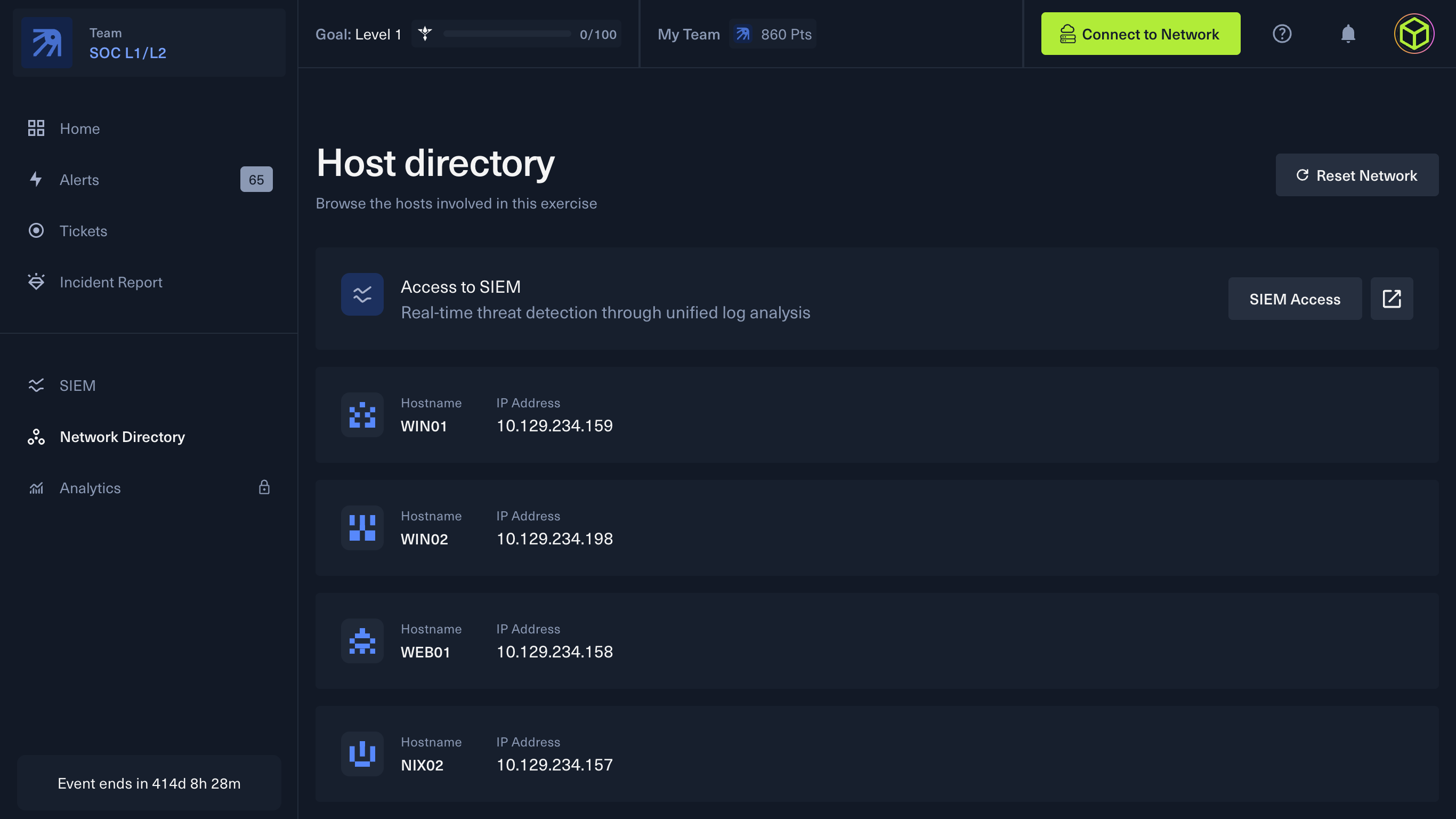 Within this page you can browse all the hosts involved in your current exercise.