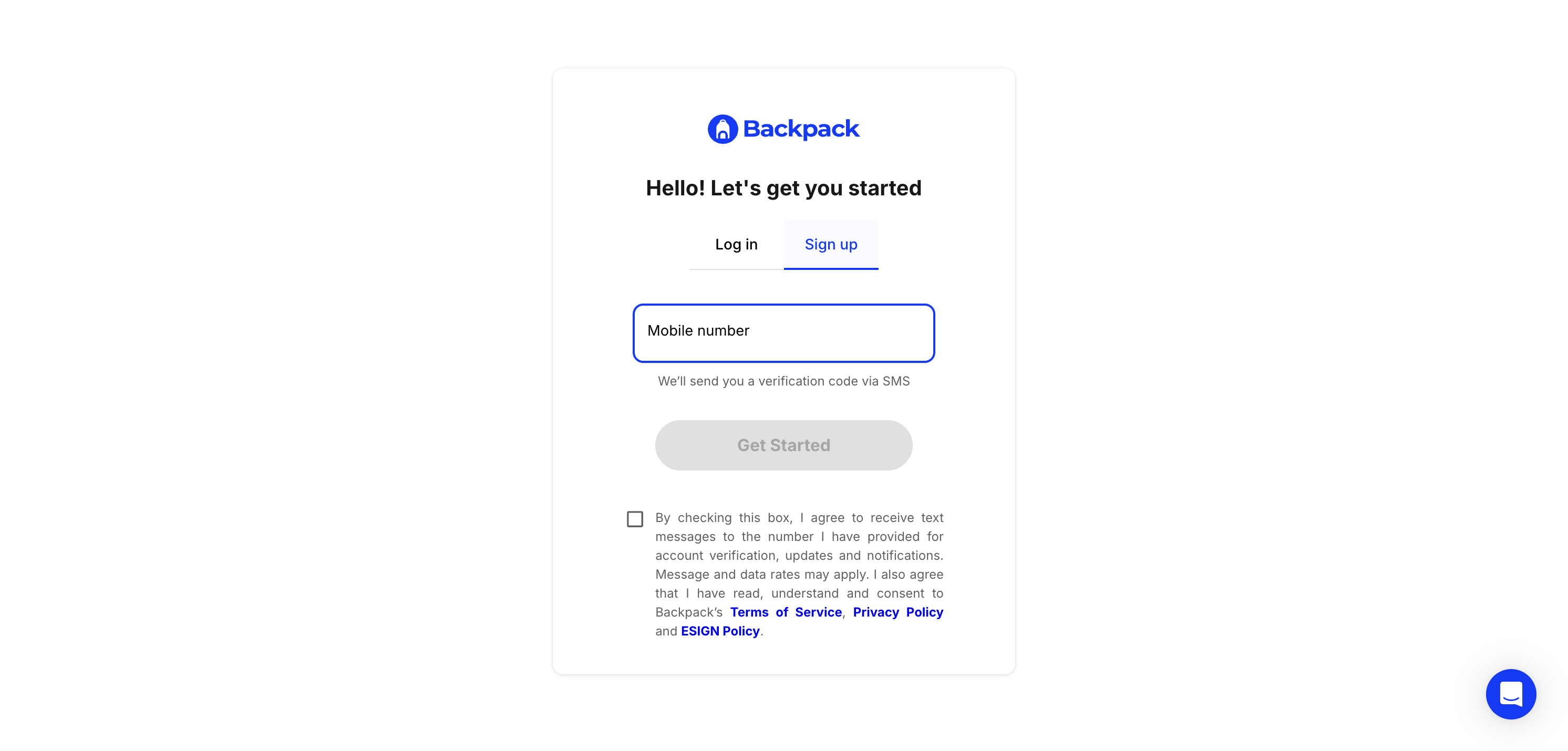 Enter your mobile number to continue setting up your Backpack account.