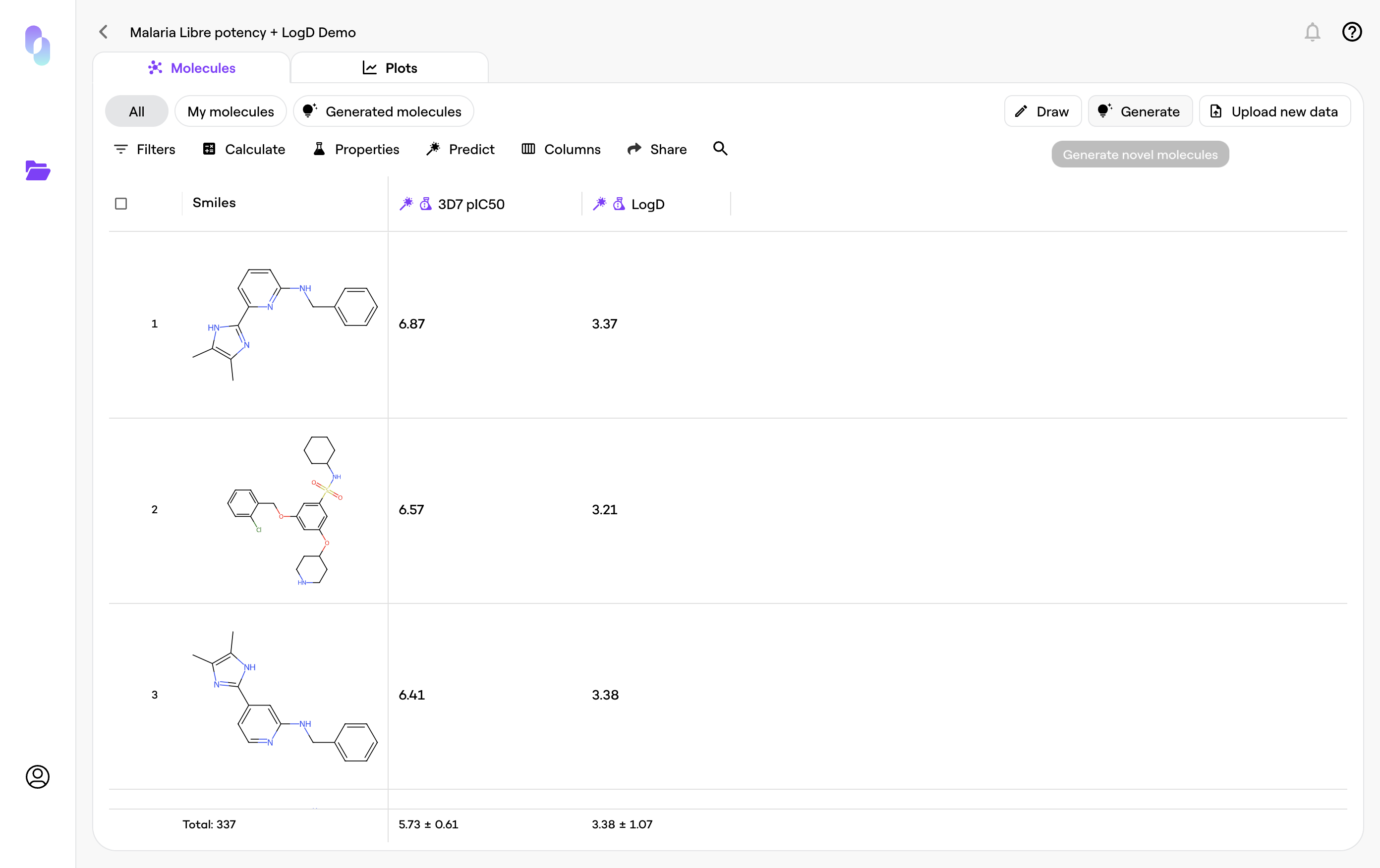 Click here to bring up the settings for your next molecule generation