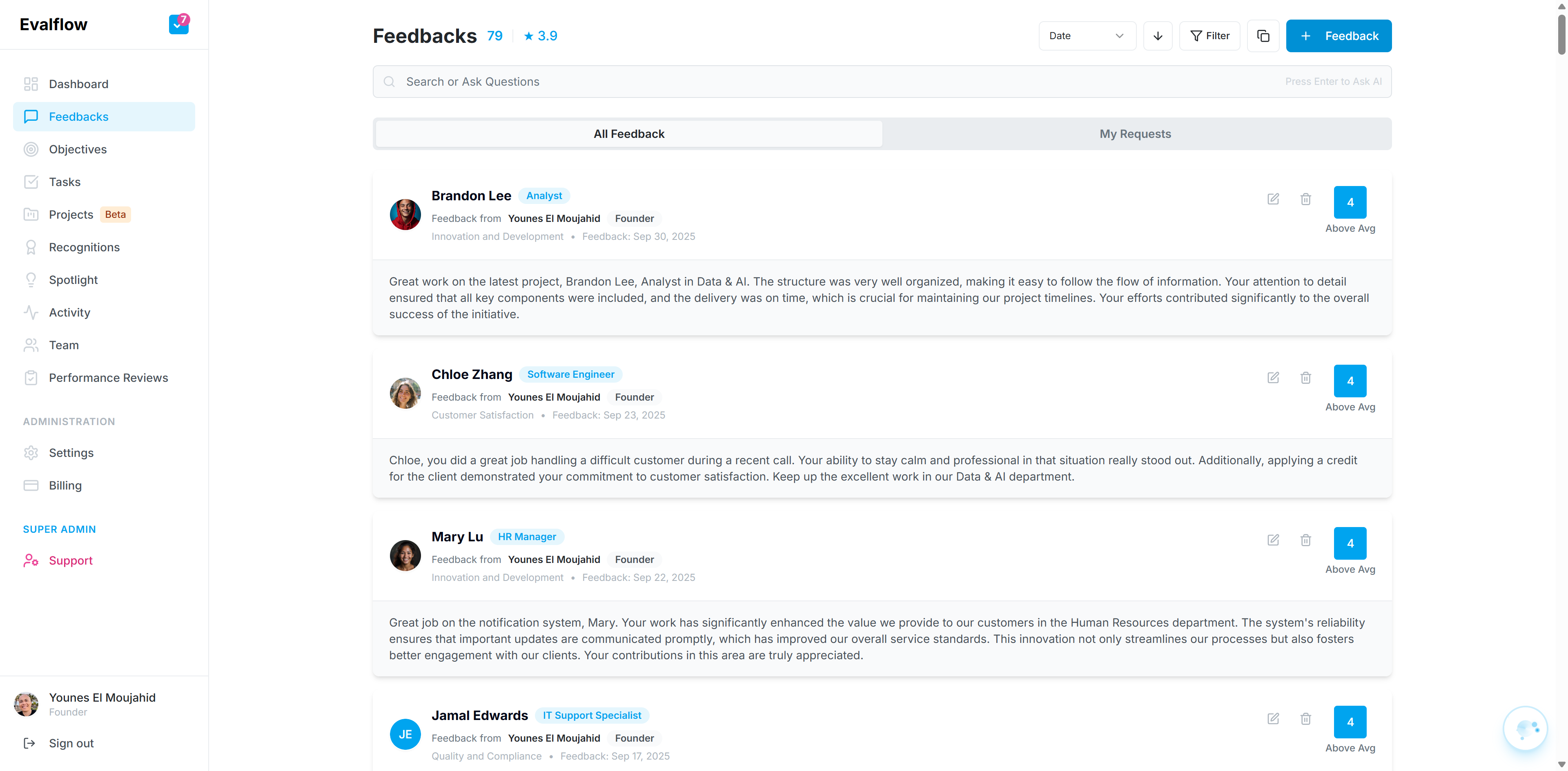 Edit an existing feedback entry to update its details or correct errors.