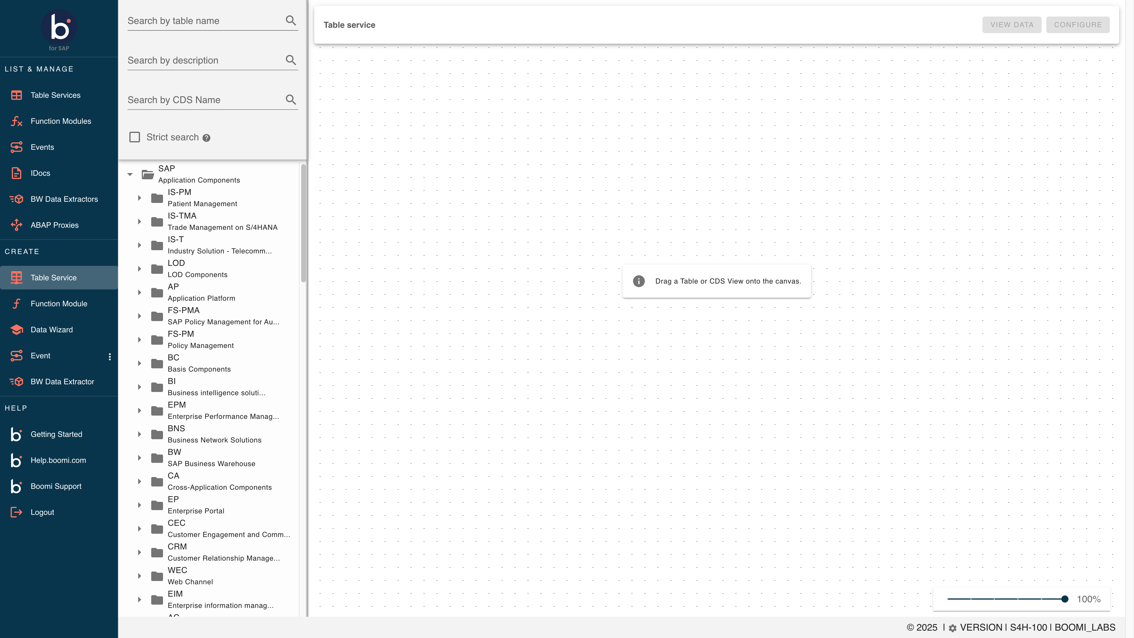 **Search** for the desired table to create your Service for (eg. VBAK for Sales data)