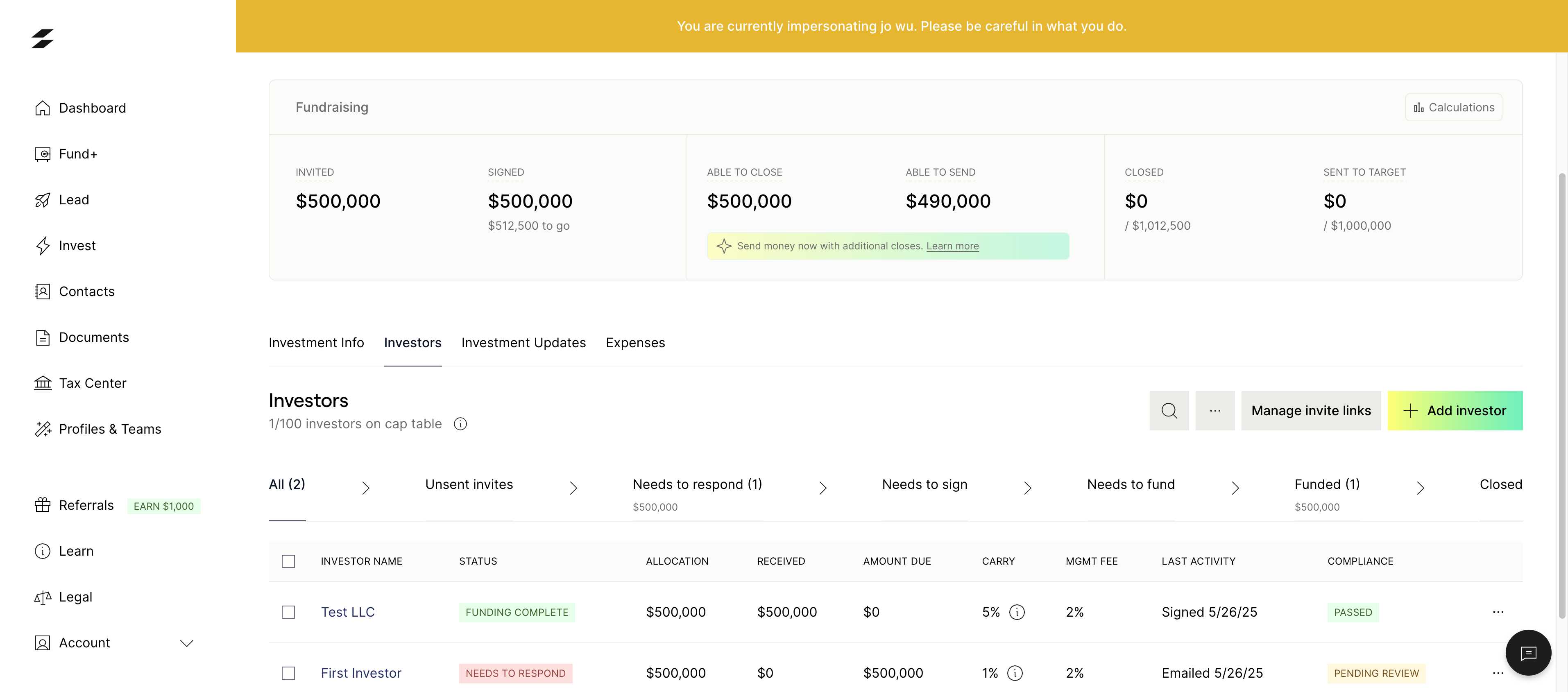 This cap table shows an example SPV with two investors: one who is fully funded and one who is not. 

Select "Calculations" to review a detailed financial breakdown for the Additional Close.