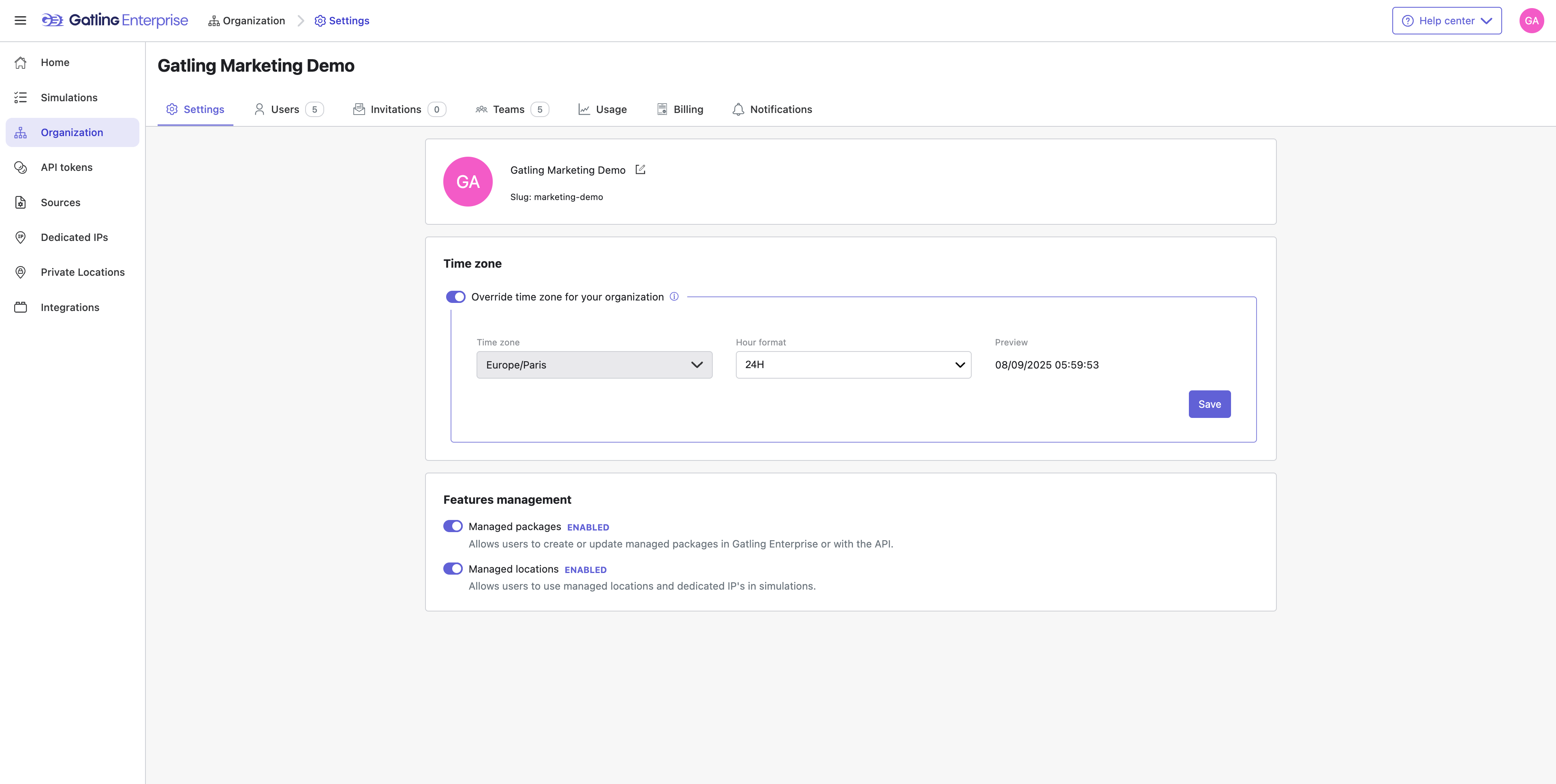 From the **Settings** tab, you can ensure that all simulations use the same time zone, which is essential for large, distributed teams. 