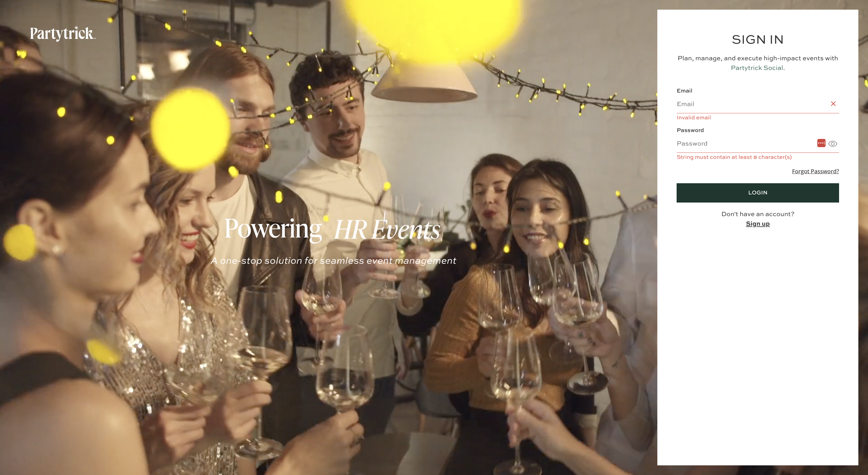 Start by clicking the Sign up link to begin creating your Partytrick account.