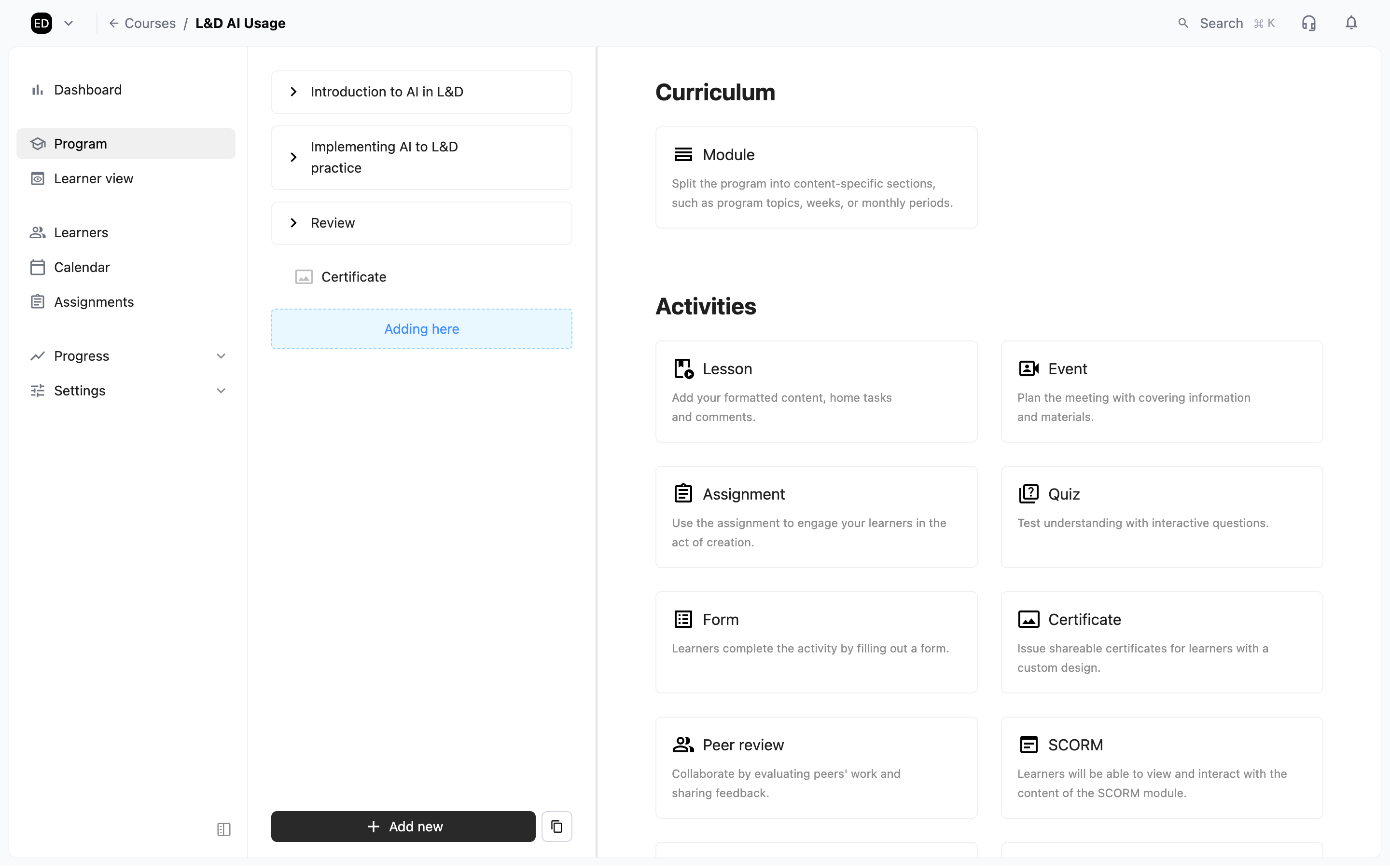 Click Add new to start building out your course content.
