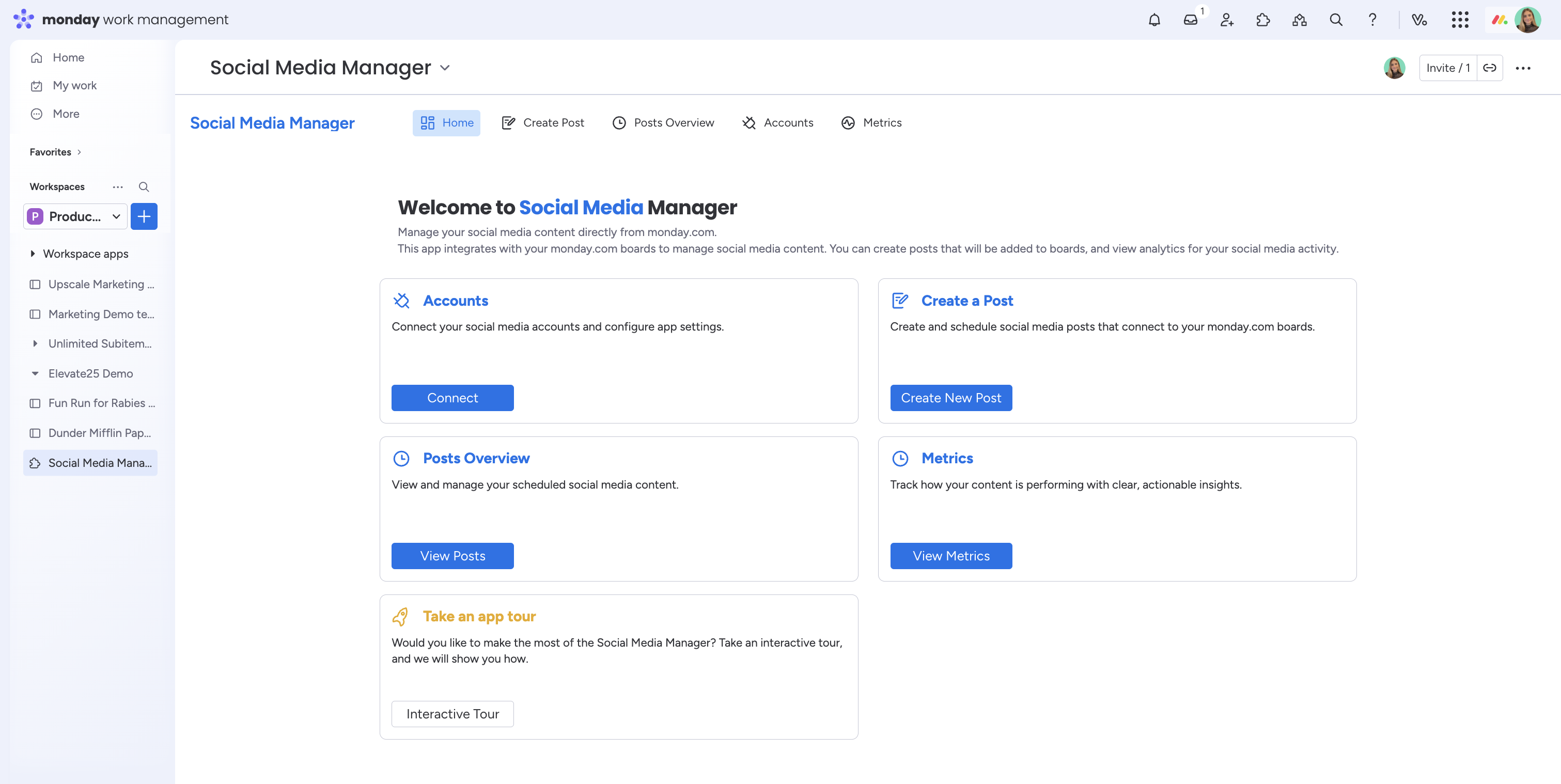 Let's start with the Social Media Manager homepage. Here you can connect accounts, create a post, see post overviews, view metrics, and much more! ✨