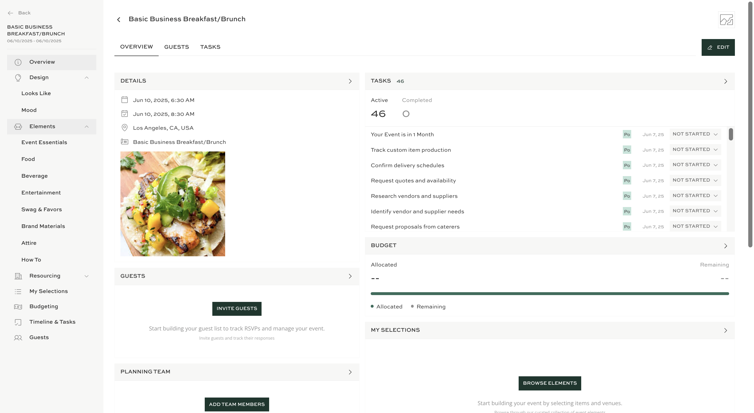 Click the **Elements** section in the sidebar to view and manage all items needed for event setup.