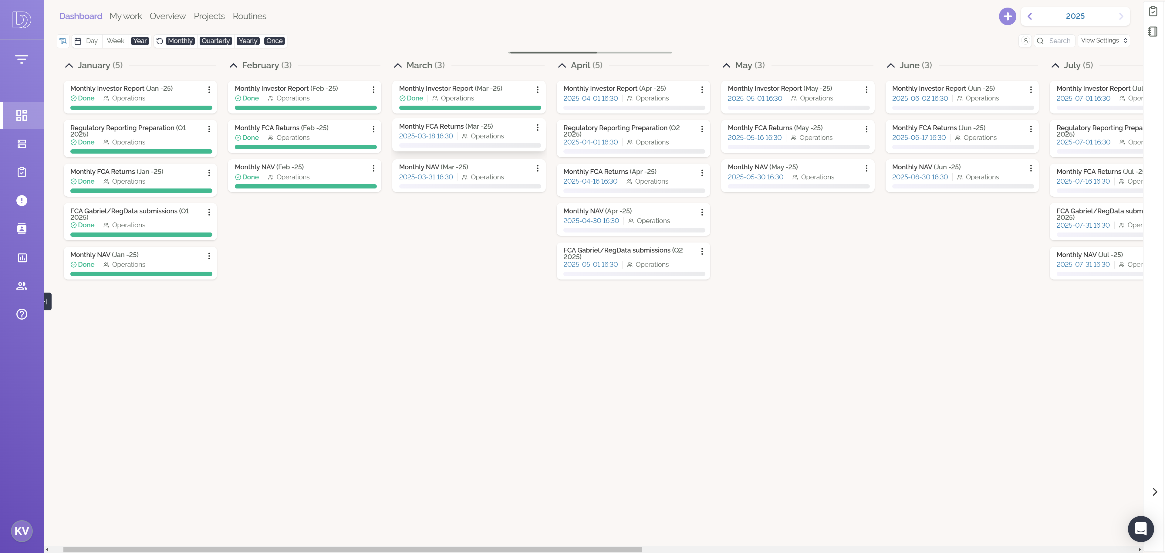 Click **Monthly FCA Returns** to explore actionable steps and learn how to use subtasks in the Processes workflow.