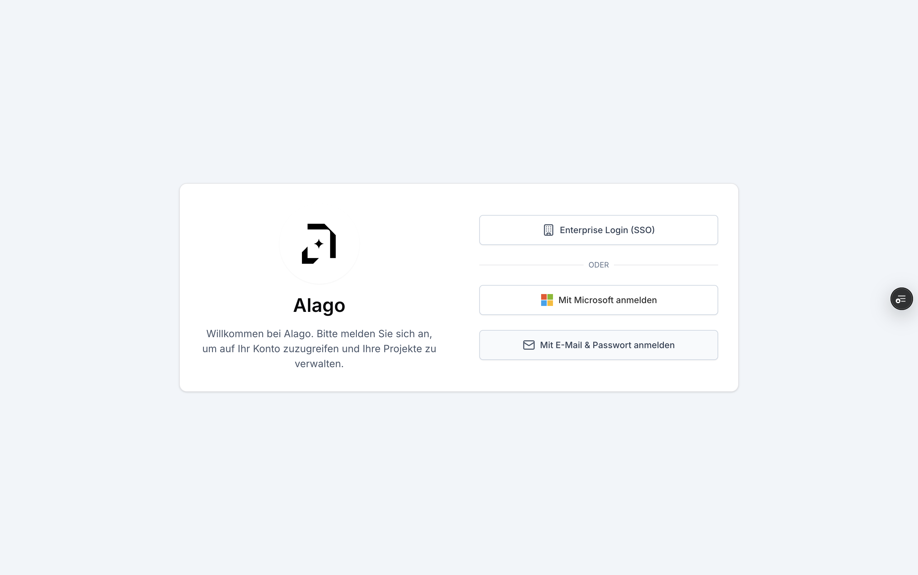 Beginnen Sie mit der Anmeldung per E-Mail und Passwort, um sich in Ihr Alago-Konto einzuloggen.