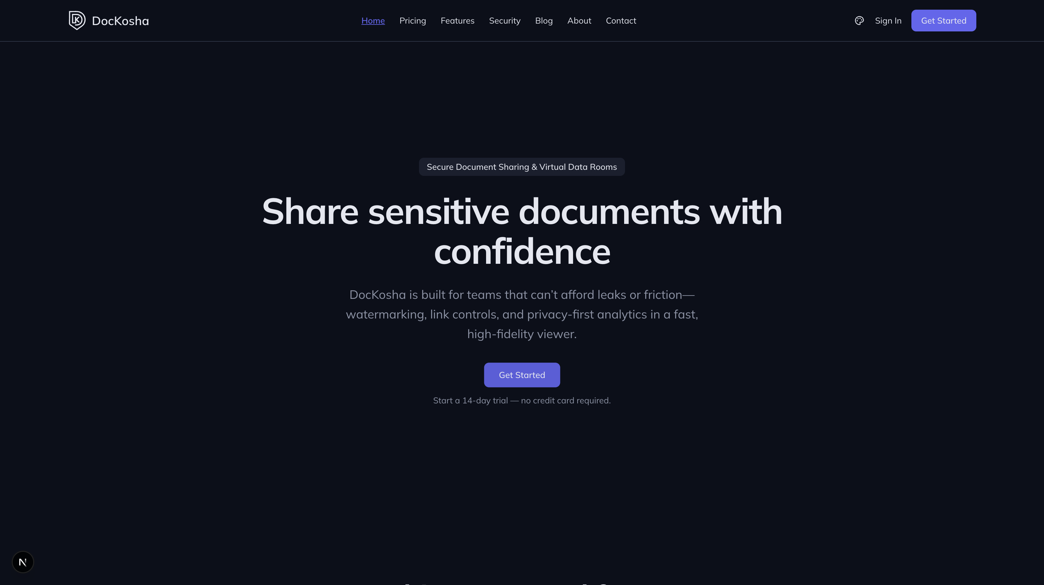 Start by clicking Get Started to begin creating your secure data room.