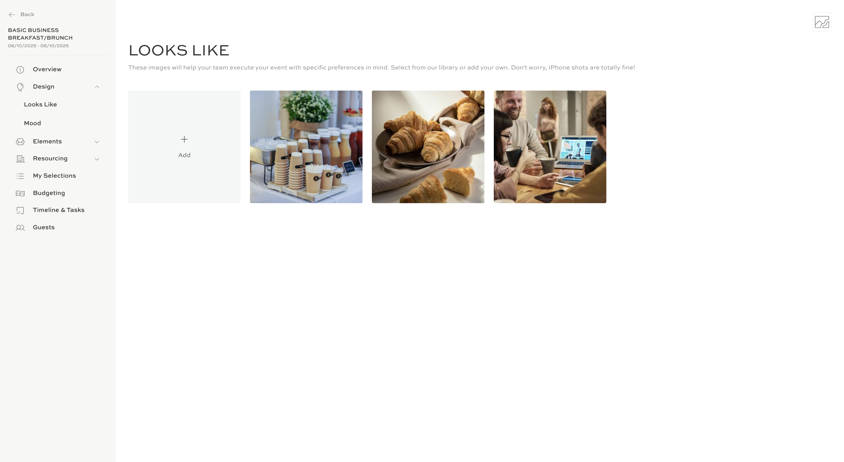Here, you'll find some preselected images of what this event can look like. You can select the **Add** button to include new images that represent your desired event look and feel.