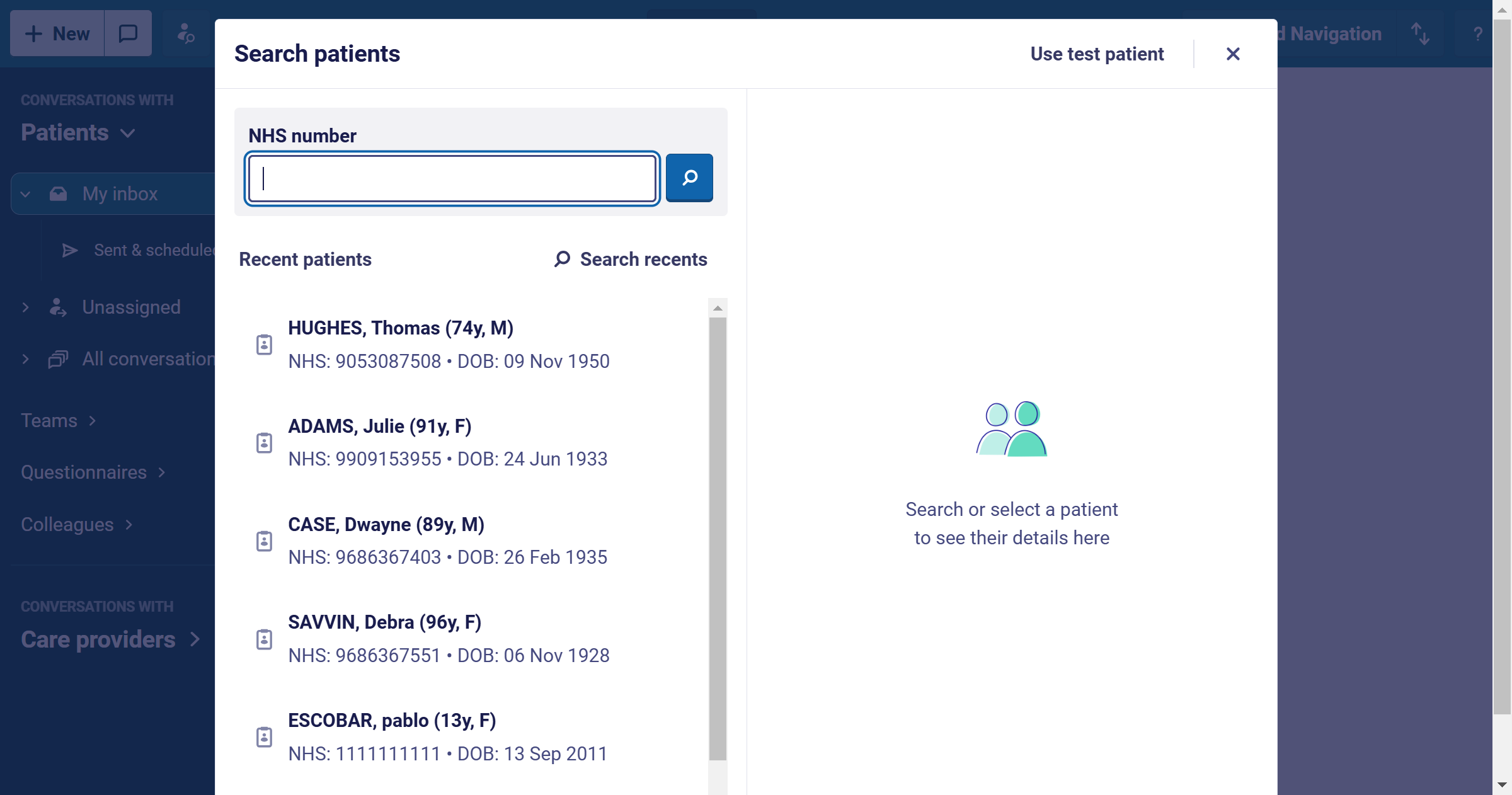 Search for a patient by typing their NHS number here.