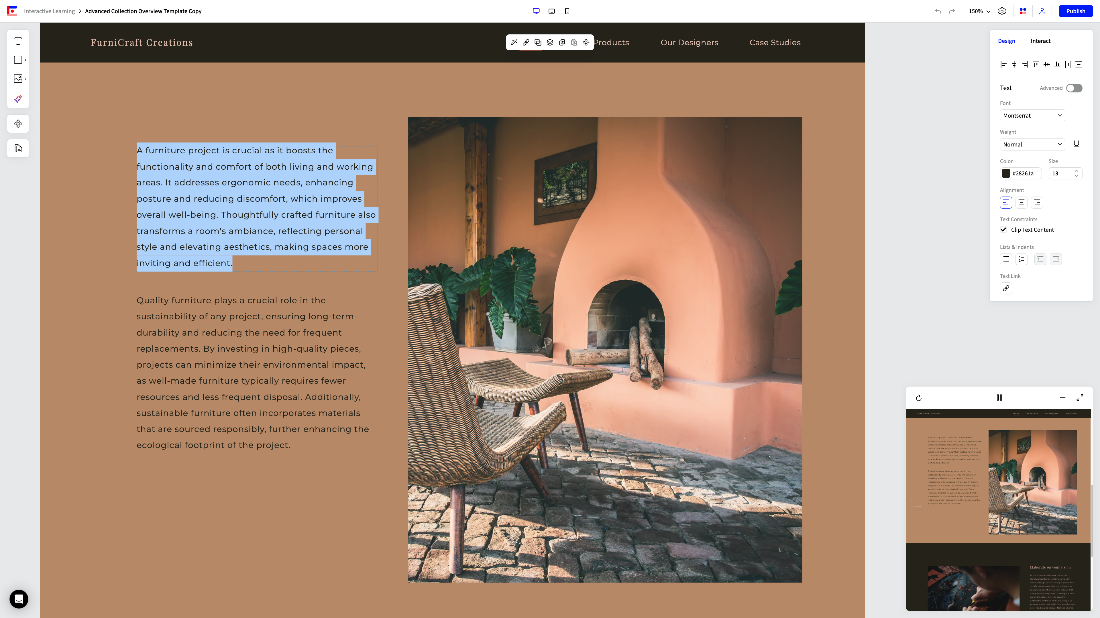 In the Design tab of the Inspector Panel, you can edit the text styles.