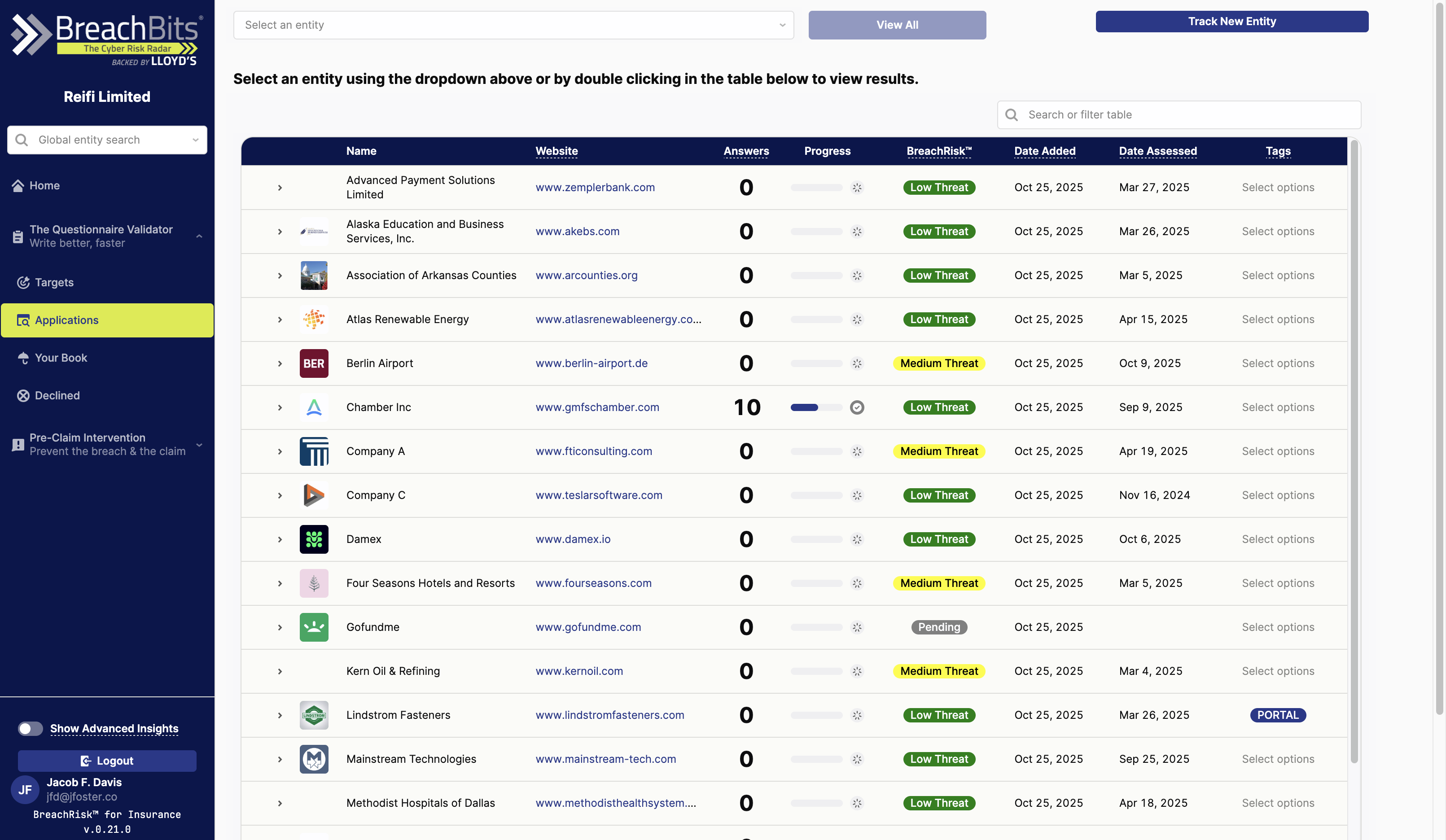 Click the Track New Entity button to add a new organization to your tracking list.