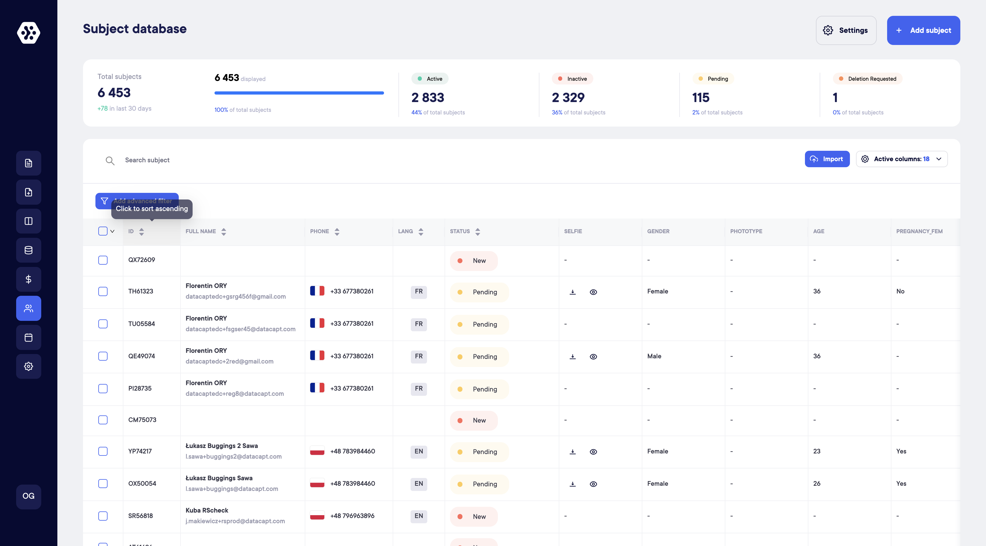 Quickly select all subjects in your database for seamless bulk actions.