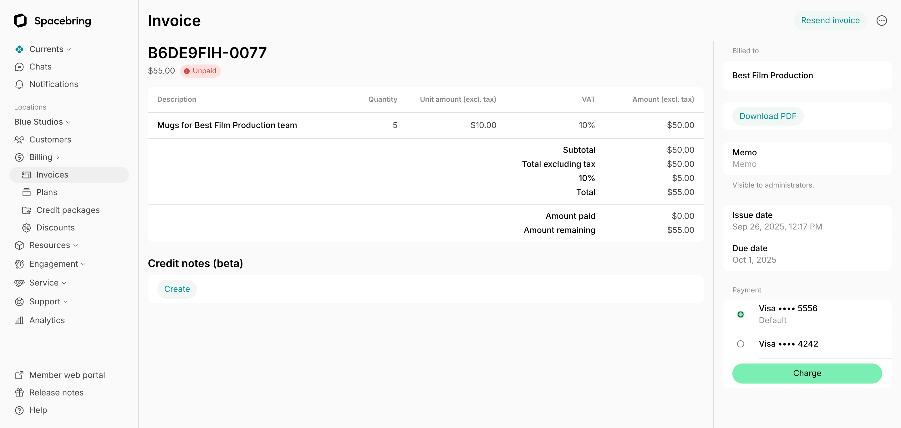 Open the necessary invoice and press *Create* under the "Credit notes" section.