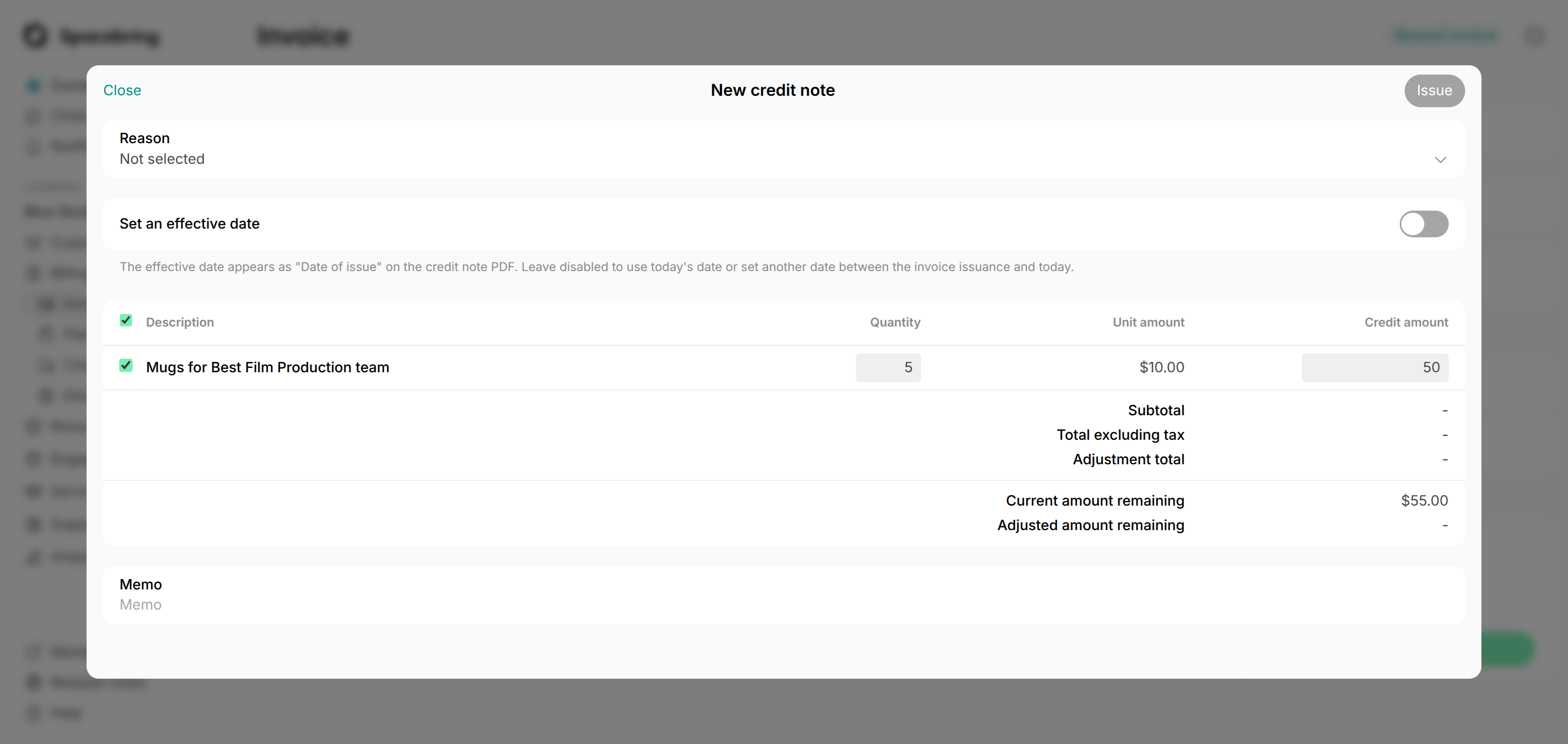 Select a reason for the credit note to keep your records clear and compliant.
