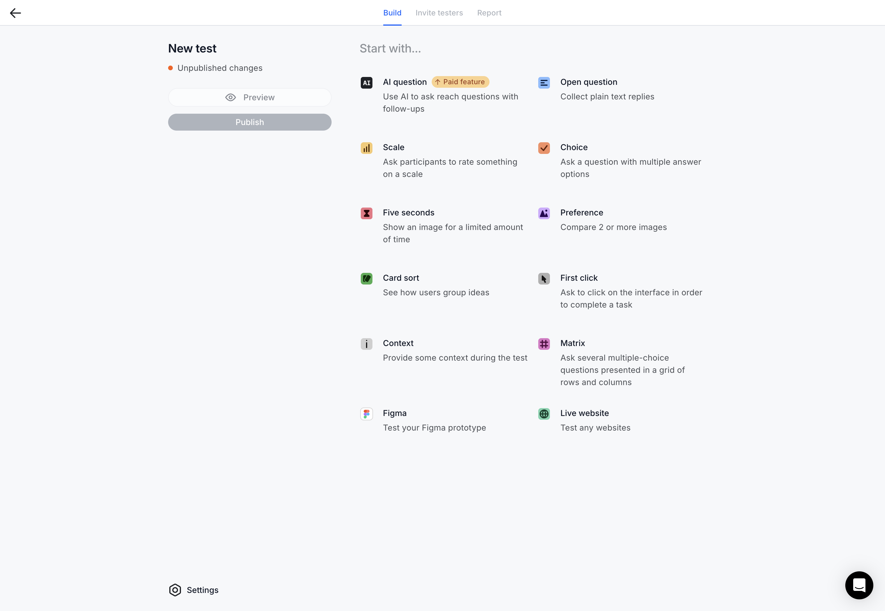 You can use various types of blocks in your research study—from basic survey blocks like Choice or Scale to advanced ones, such as Card Sorting, Figma, Website testing, or powerful AI Questions.