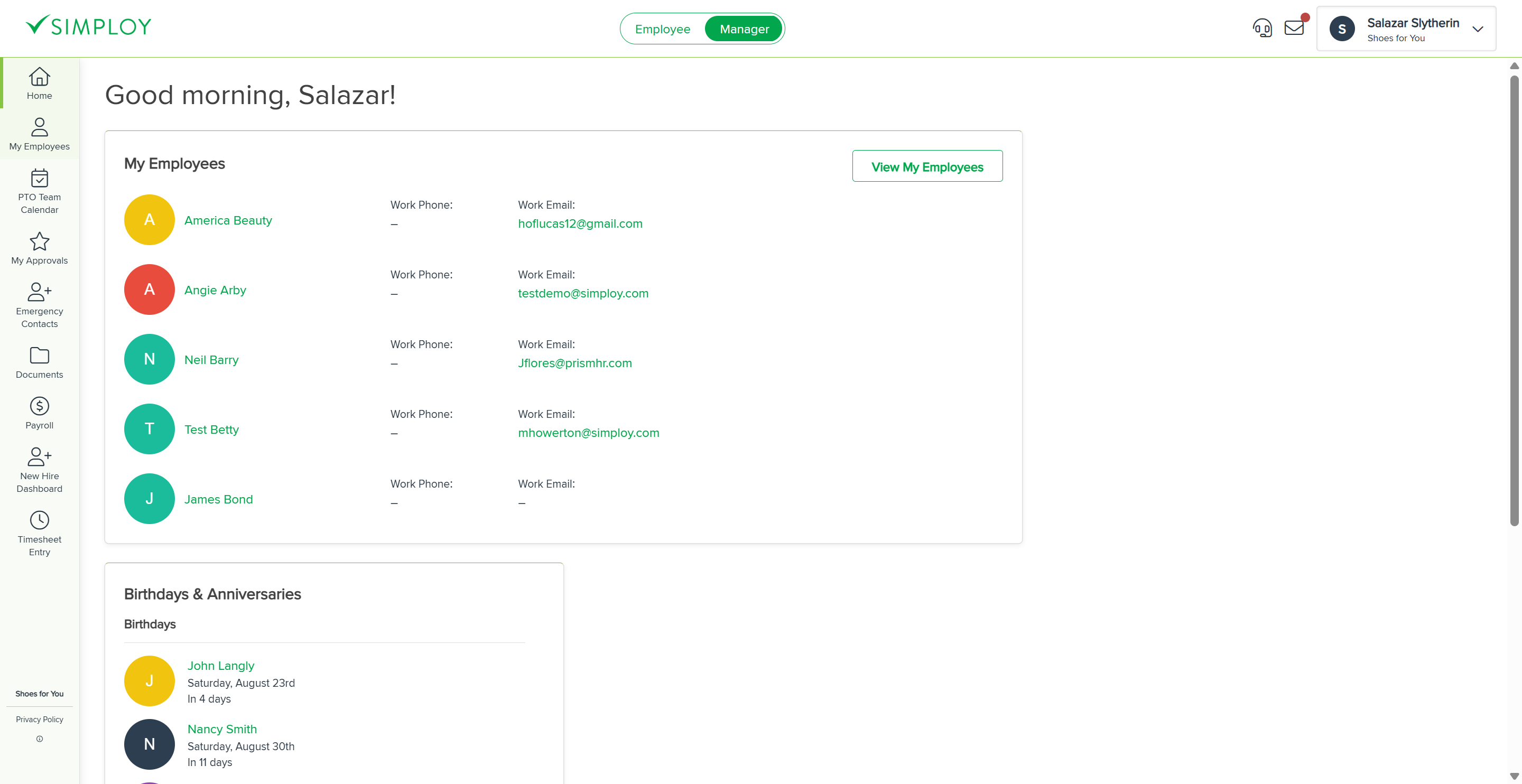 Open the My Employees section to view supervised employees.