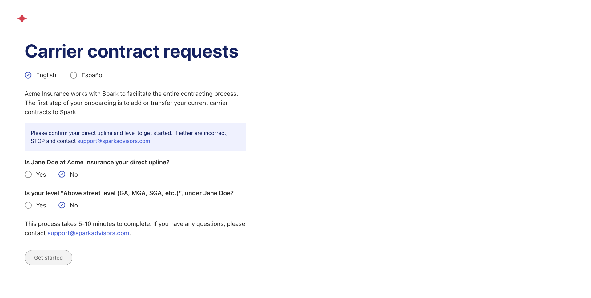 Confirm upline details to seamlessly begin your Carrier Contract Request form.
