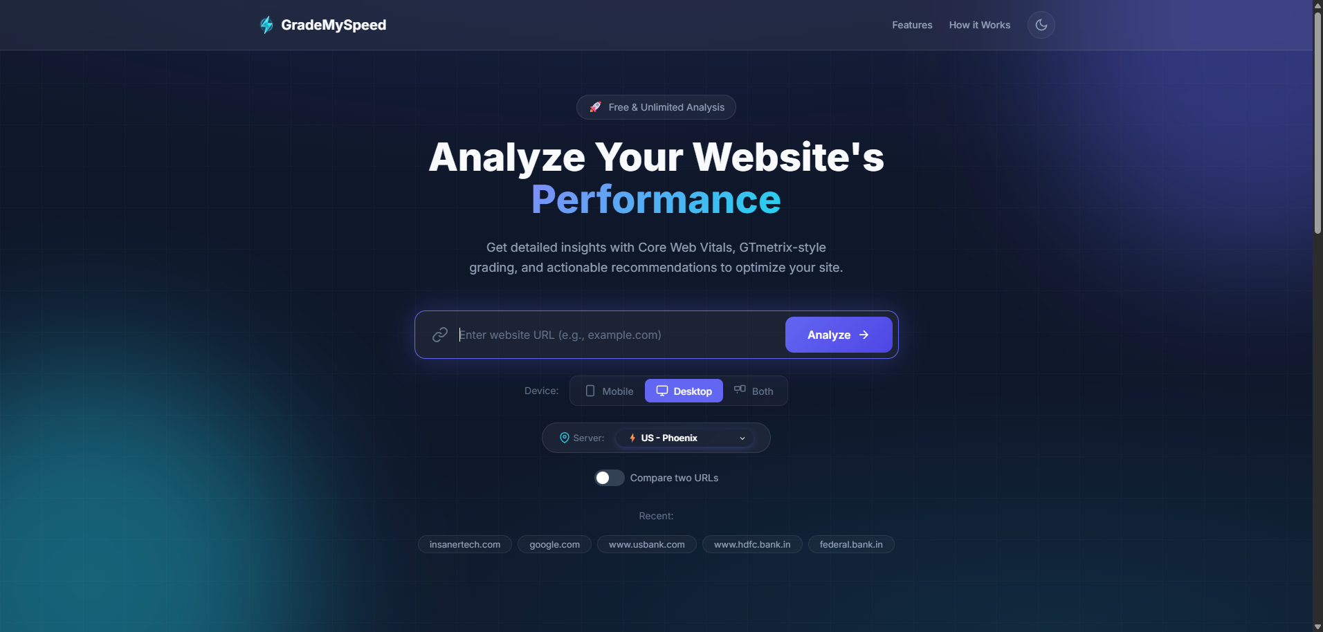 Enter your website URL to get started with a comprehensive performance analysis.